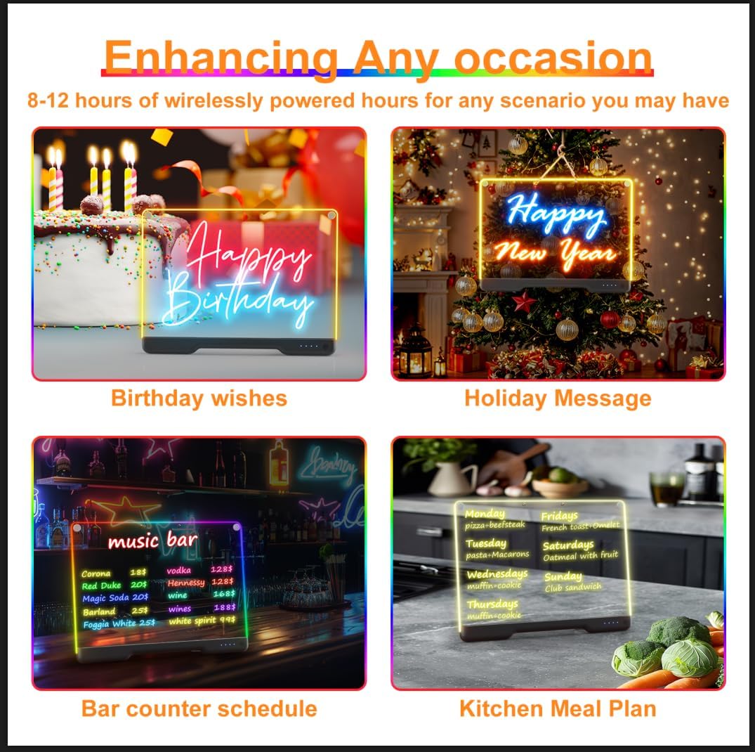 Portable Bailkind LED note board with colorful lights, 16-inch size, rechargeable, featuring 7 light effects for doodling and glow effects.