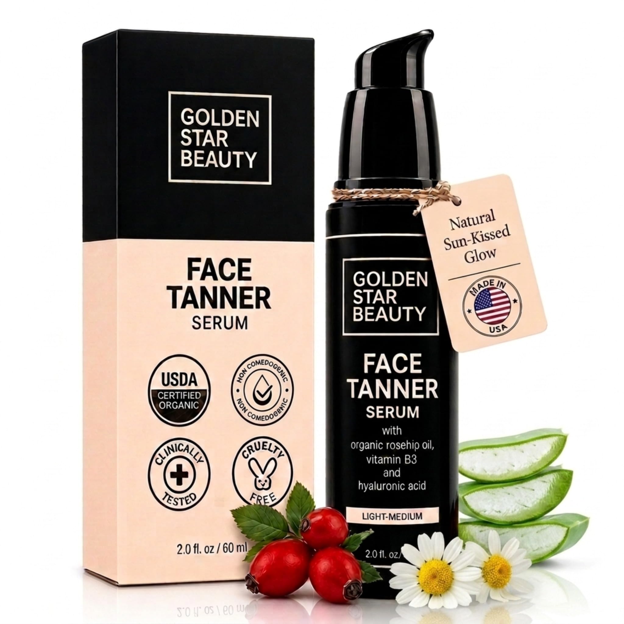Face Tanner – Self Tan Serum w/Hyaluronic Acid and Organic Oils, Self Tanners Best Sellers, Facial Sunless Tanner for Natural Sunkissed Glow, Fake Tan Moisturizer, 2.0 fl - GOLDEN STAR BEAUTY Official Product View 2