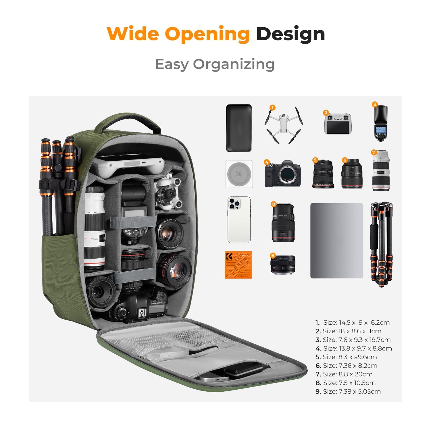 K&F CONCEPT hardshell camera backpack with DSLR camera compartments and adjustable straps for secure photography gear storage.