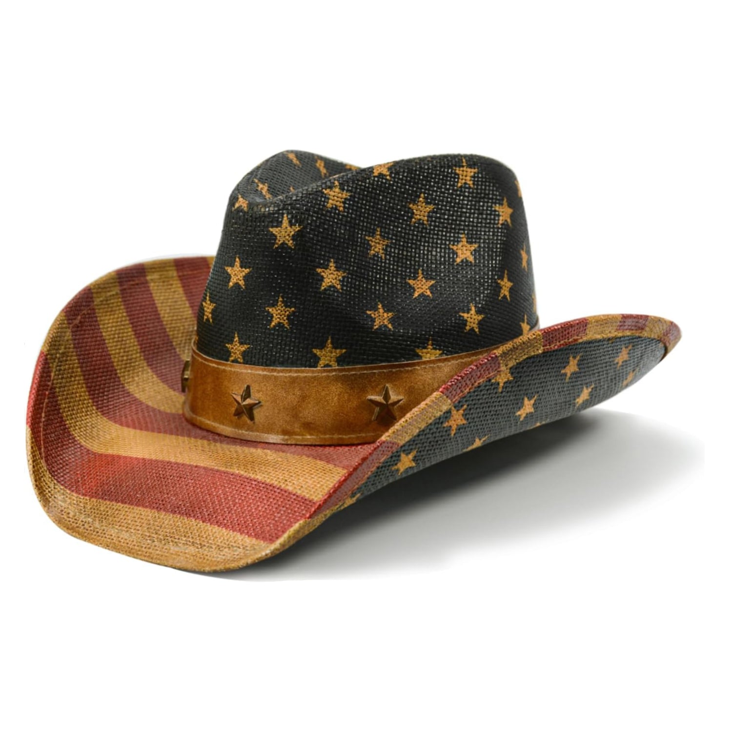 Vintage American flag cowboy hat by FLUFFY SENSE with tea-stained finish, shapable brim, Western cowgirl style, patriotic accessory.