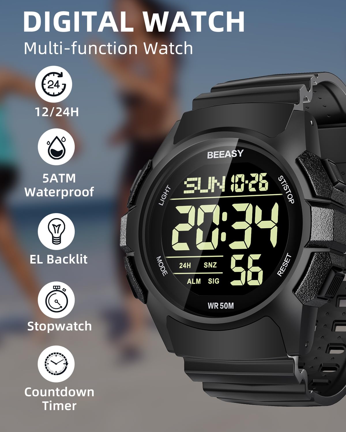 Beeasy Mens Digital Sports Watch 50M Waterproof 49mm Rubber - Beeasy Official Imagery - 3