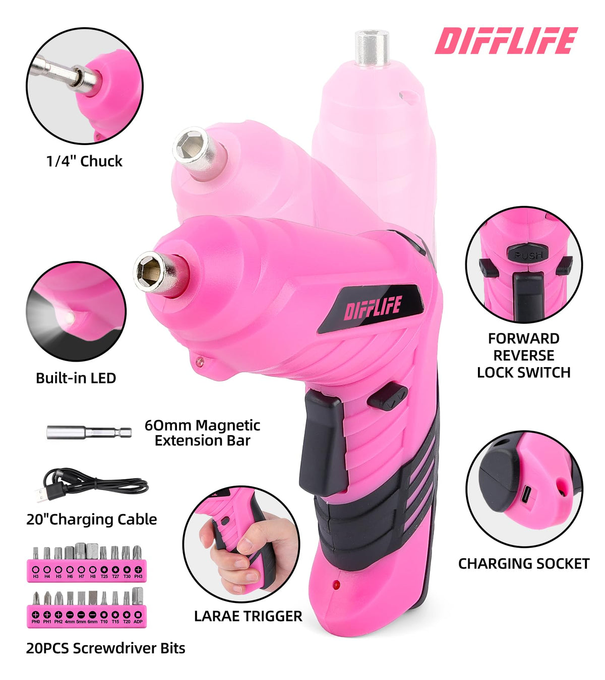 143 Piece Pink Tool Set Home Repair Kit with Power - DIFFLIFE KINETIX Official Imagery - 8