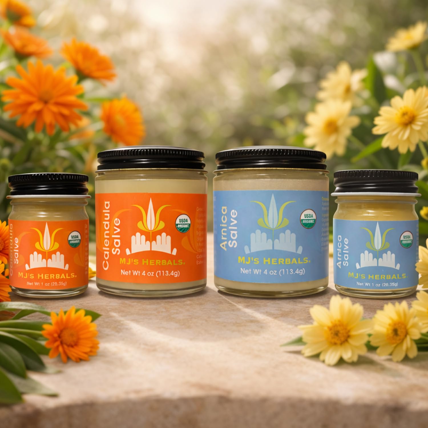Organic Arnica Salve by MJ's Herbals in a 1 oz botanical balm jar, ideal for soothing and moisturizing skin.