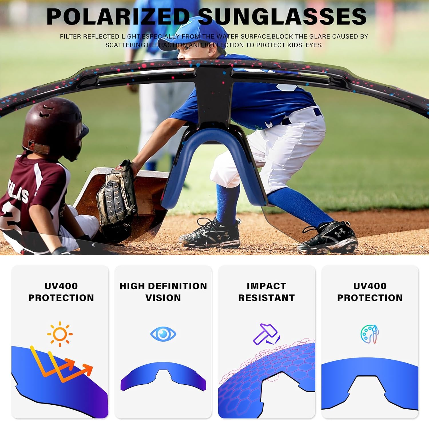 Four pairs of DioKiw kids' polarized baseball sunglasses for boys and girls with soft, durable frames and tinted lenses.