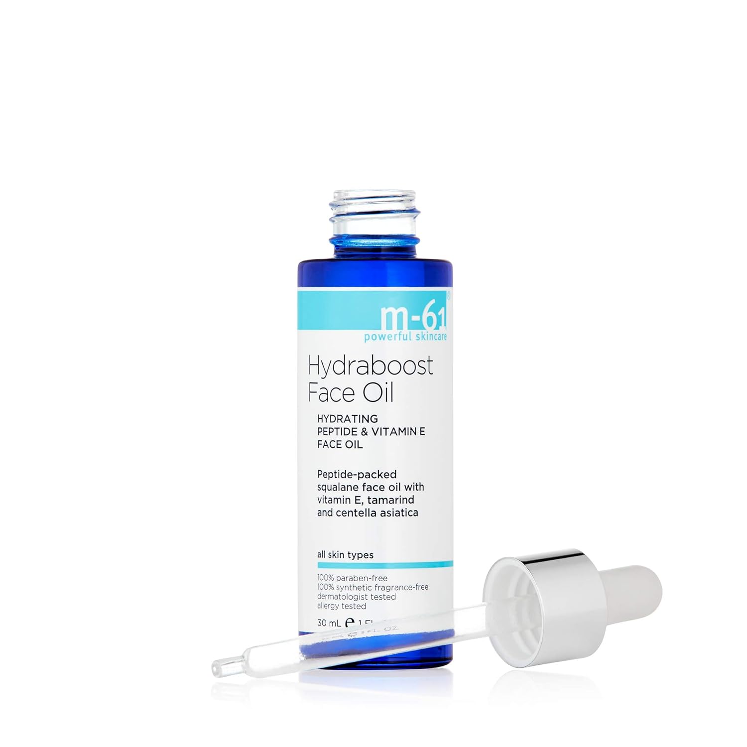Elefair M-61 Hydraboost Face Oil with peptides and vitamin E, lightweight facial oil in a clear glass bottle with dropper