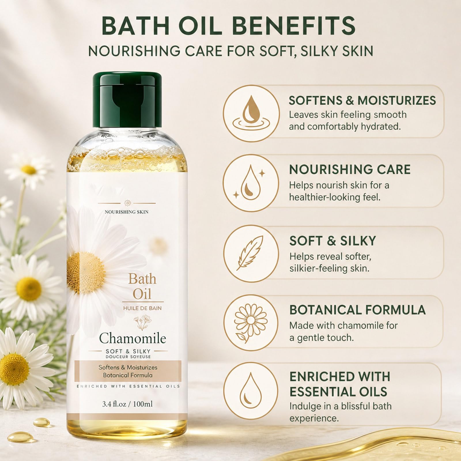 JINXIMAO chamomile bath oil in a 3.4 oz bottle, soothing natural body bath oil with calming aromatherapy for dry, sensitive skin.