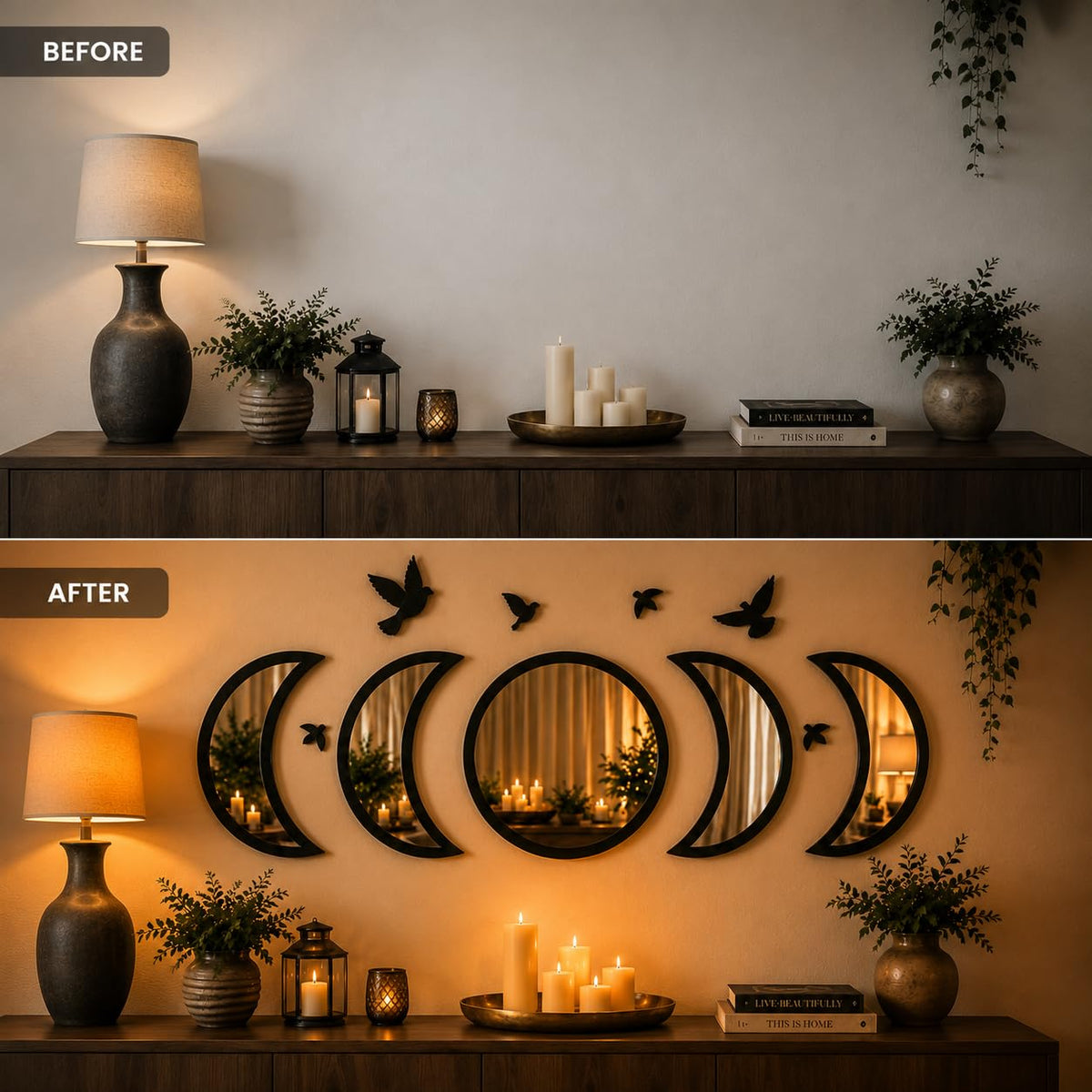 NESHE Moon Phase Mirror Wall Decor Set with Birds - NESHE Official Imagery - 3