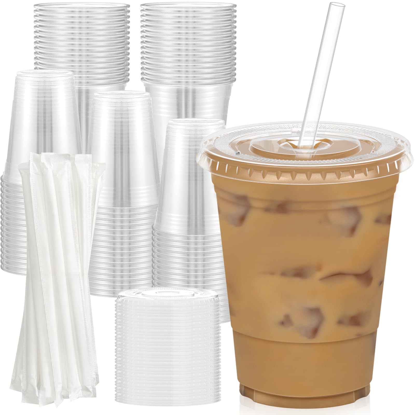 Dealusy 100 Pack - 16 oz Clear Plastic Cups with Lids and Straws - Product Imagery