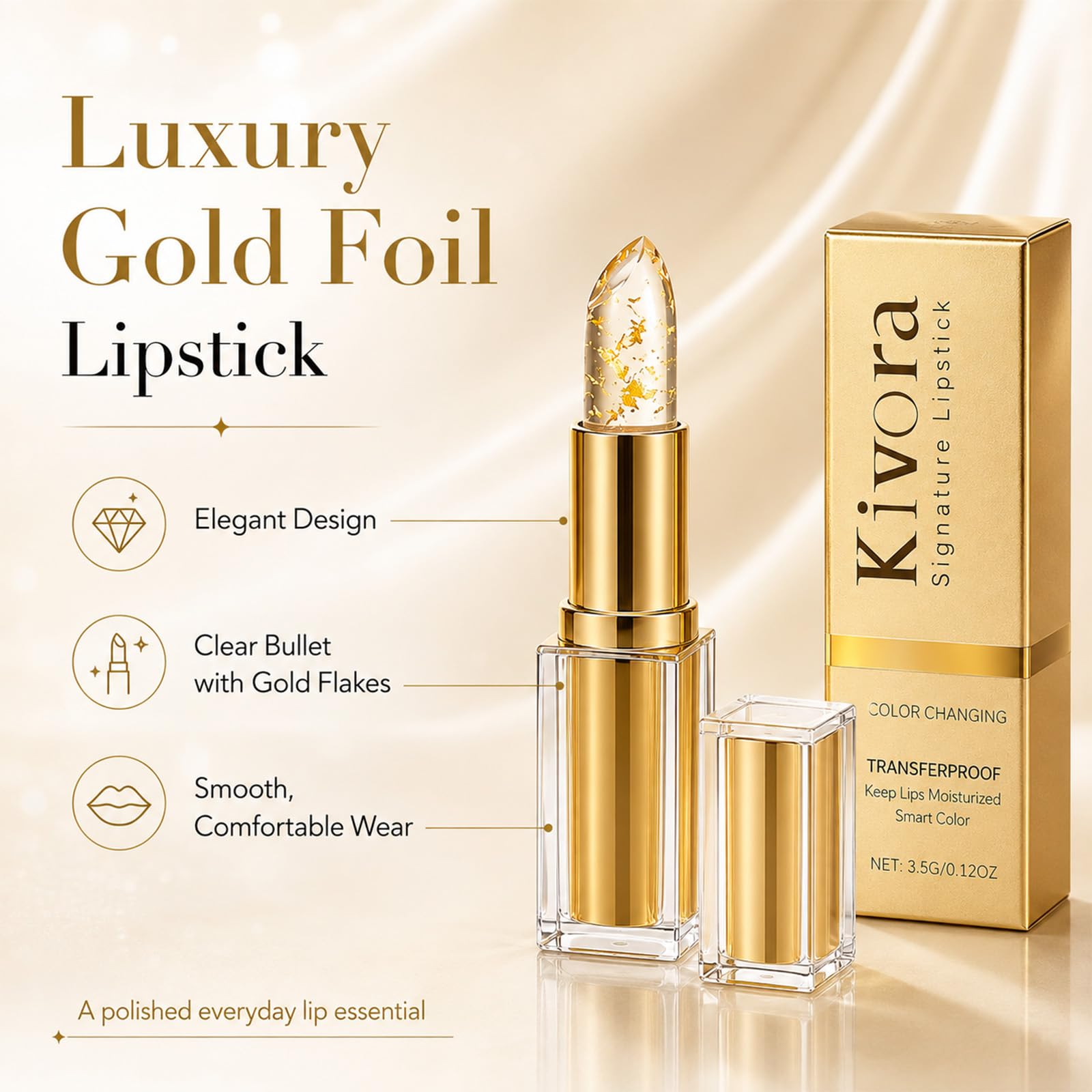 RCSCBC Kivora color-adaptive moisturizing lip tint lipstick in a sleek tube, showcasing its vibrant, hydrating lip color.
