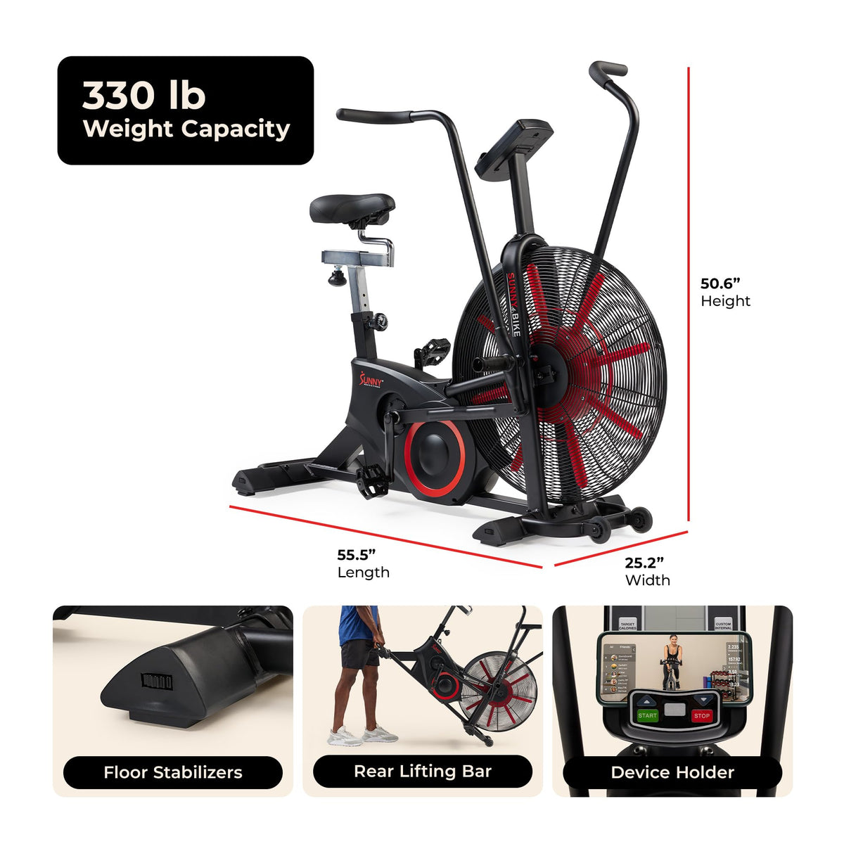 Sunny Health Fitness Smart Heavy Duty Fan Bike for HIIT - Sunny Health & Fitness Official Imagery - 8