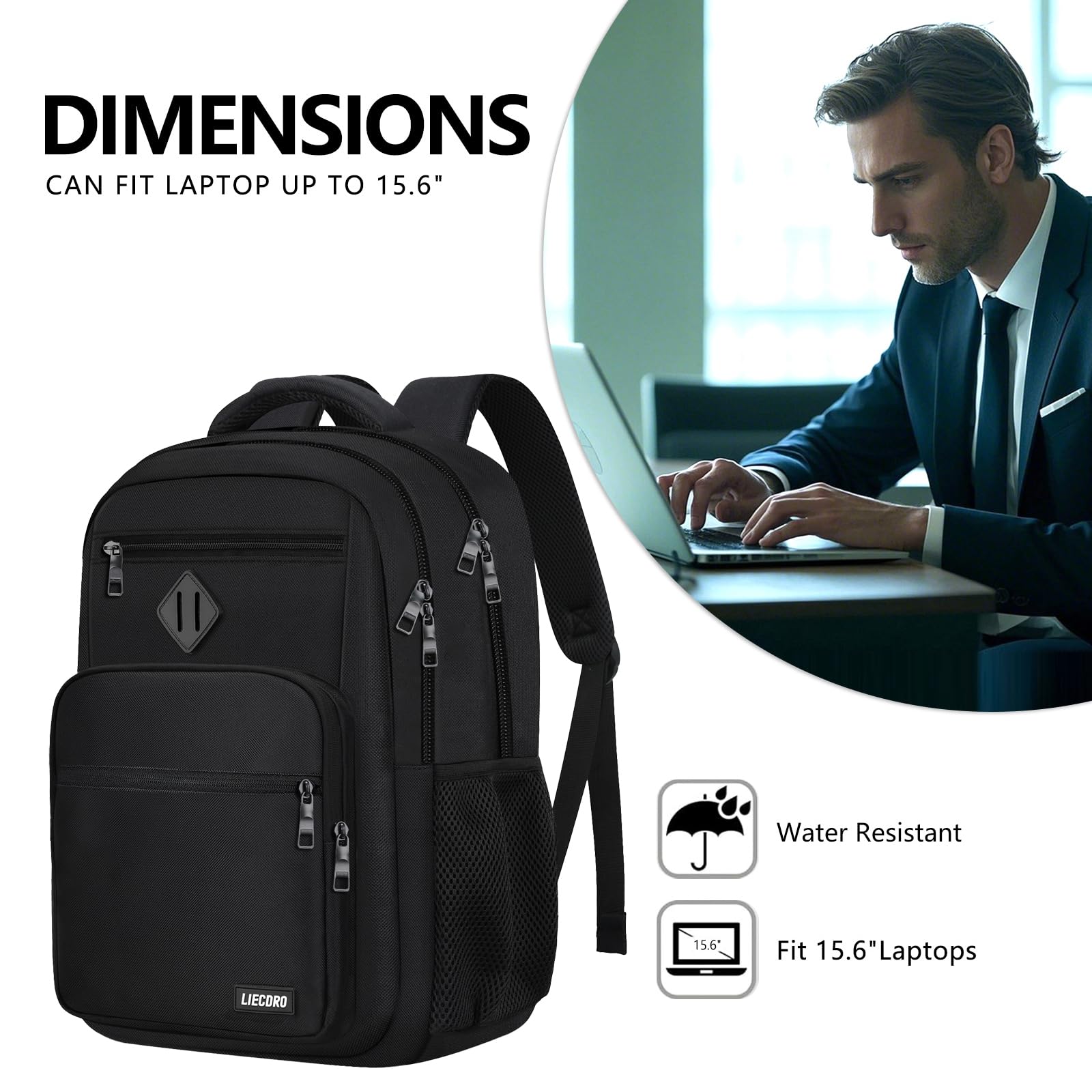 LIECDRO black backpack for men and teens with 15.6-inch laptop compartment, reinforced straps, suitable for school, work, or travel.