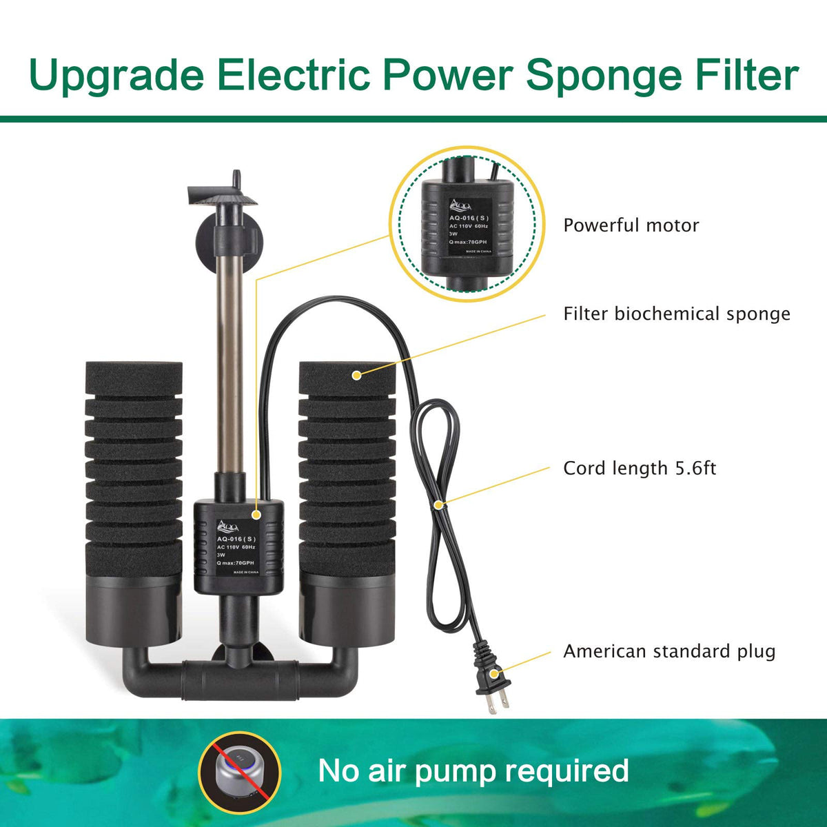 AQQA Electric Sponge Filter for Aquarium 10 40 Gallon Fish - AQQA Official Imagery - 3