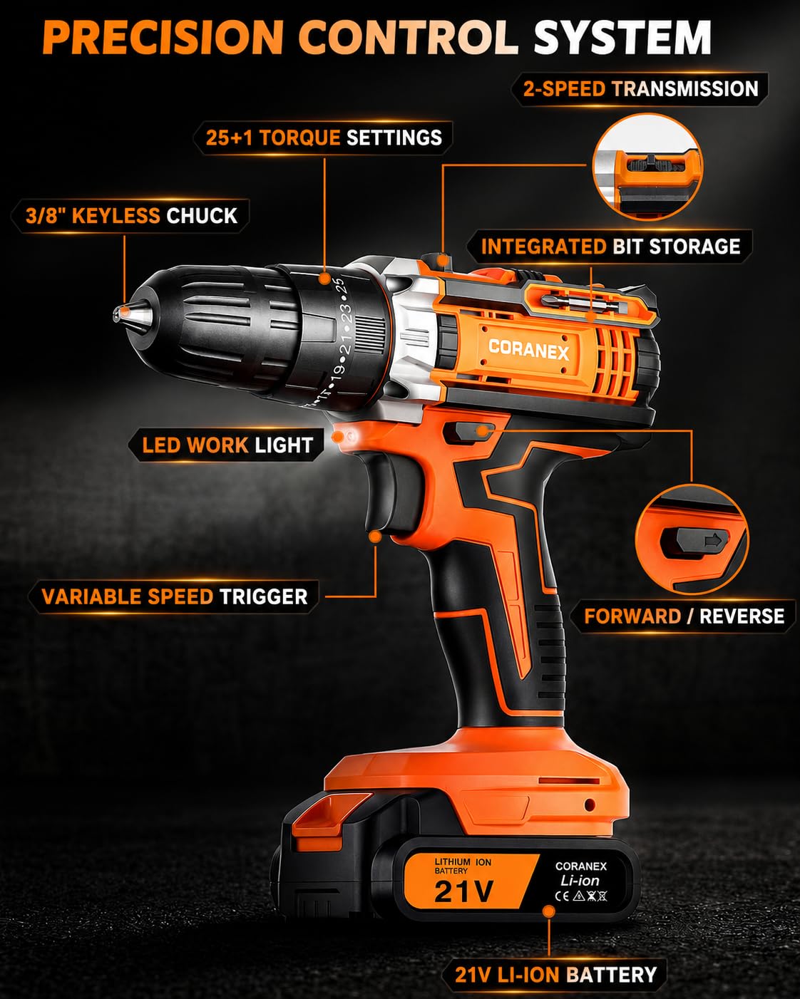 21V Cordless Drill Set with Toolbox - Coranex Official Imagery - 7