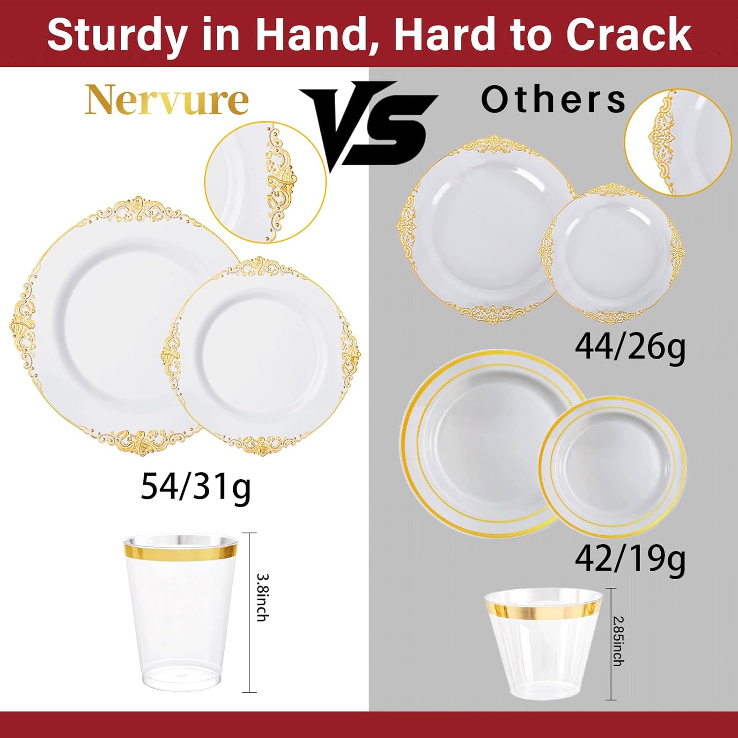 Nervure 350-piece gold plastic dinnerware set with plates for 50 guests, featuring elegant gold plastic plates and tableware.