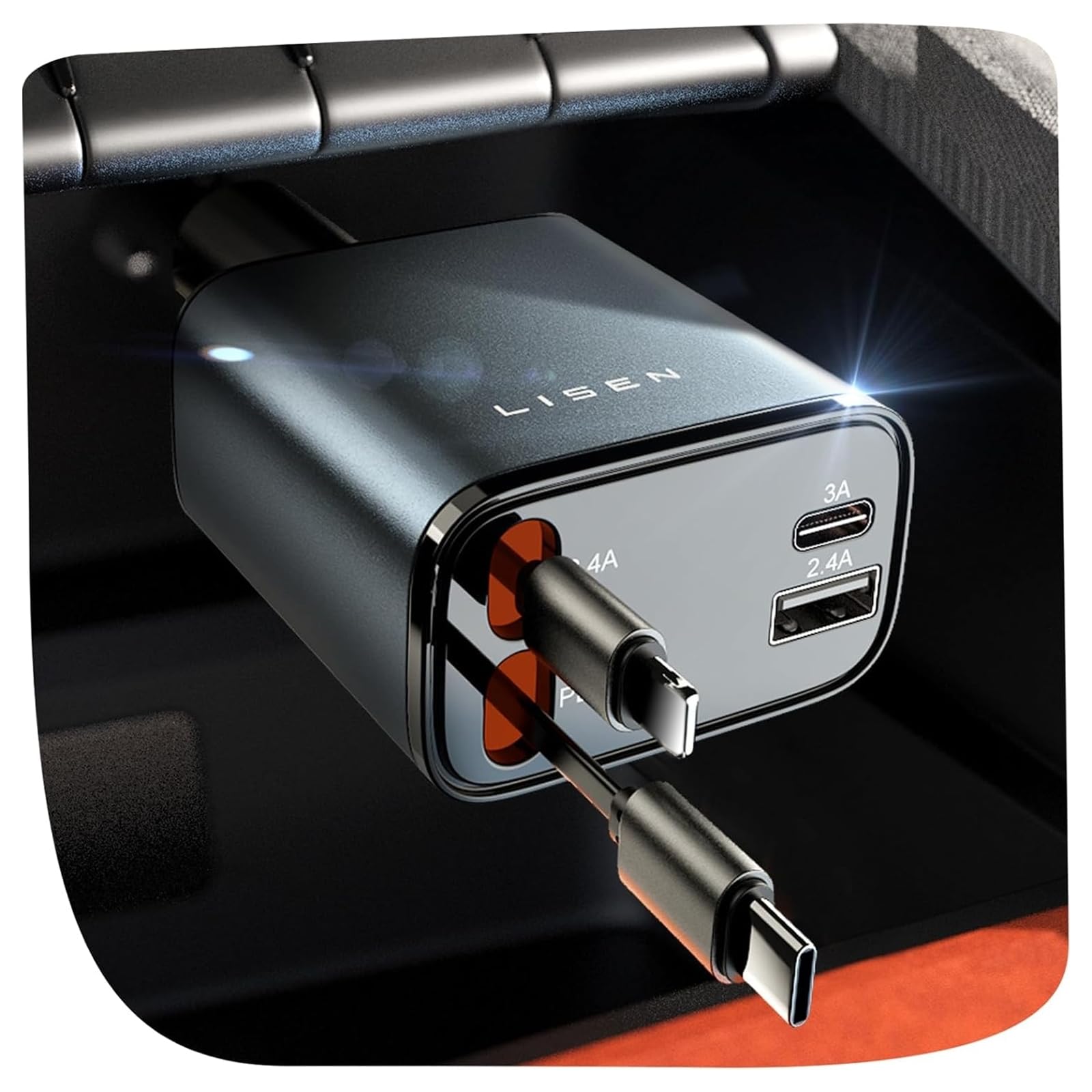LISEN Retractable Car Charger, 84W Car Charger USB C Fast Charge, 4 in 1 - LISEN Official Product View 1