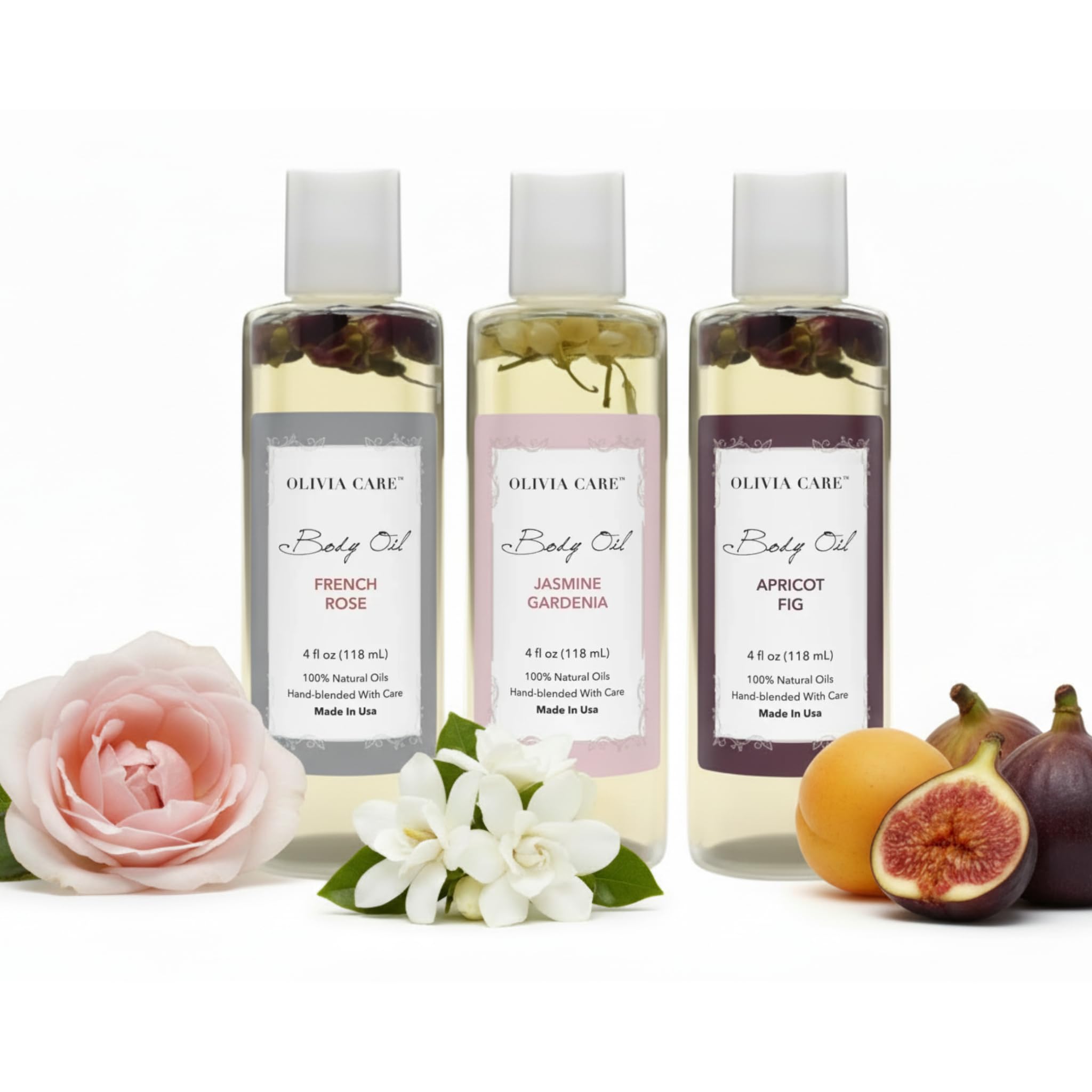 Olivia Care Body Oil Trio - Apricot Fig, French Rose & Jasmine Gardenia (3 pack - 4 fl. oz. each) - Natural Body Oils For Women/After Bath Body Moisturizers, Rich in Vitamin E, K, & Omega fatty Acids - Olivia Care Official Product View 2