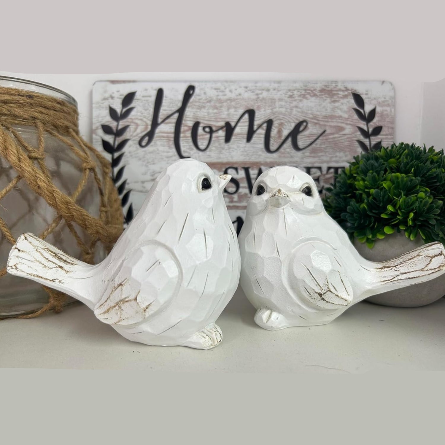 Set of 2 white bird sculptures for farmhouse home decor, featuring realistic bird statue designs by realideas.