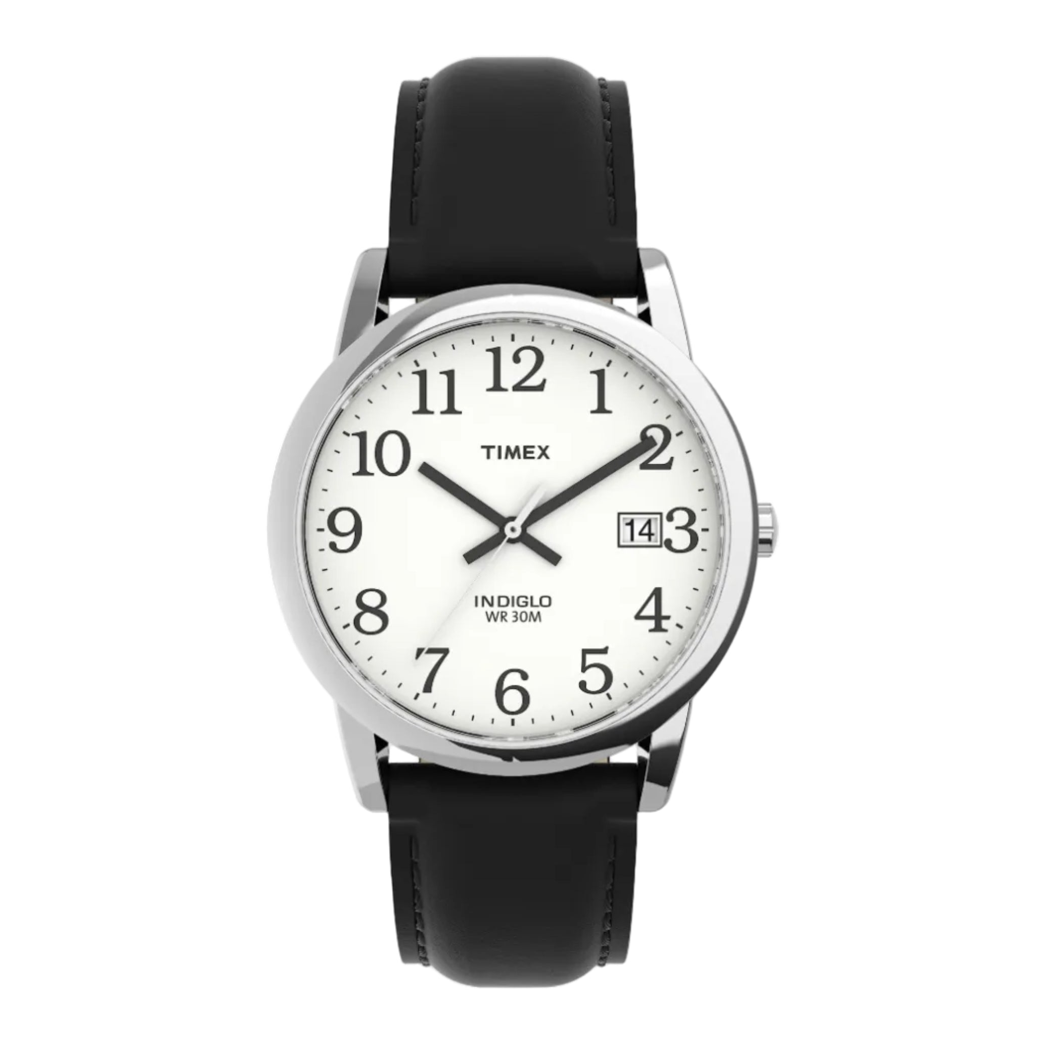 Timex watch with black leather strap and white face on a white background