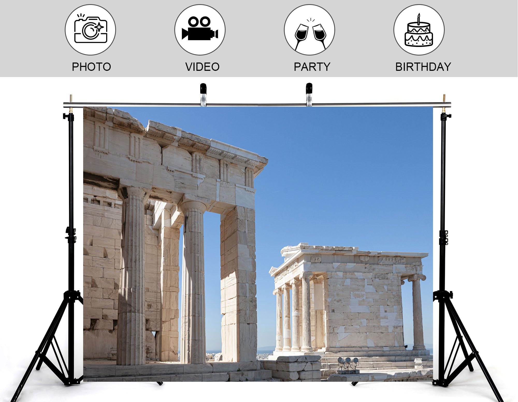 5x3ft Ancient Greek Ruins Backdrop Marble Temple Columns and Parthenon Architecture Under A Clear Sky Photography Background Tapestry for History Party Home Wall Decorations Banner
