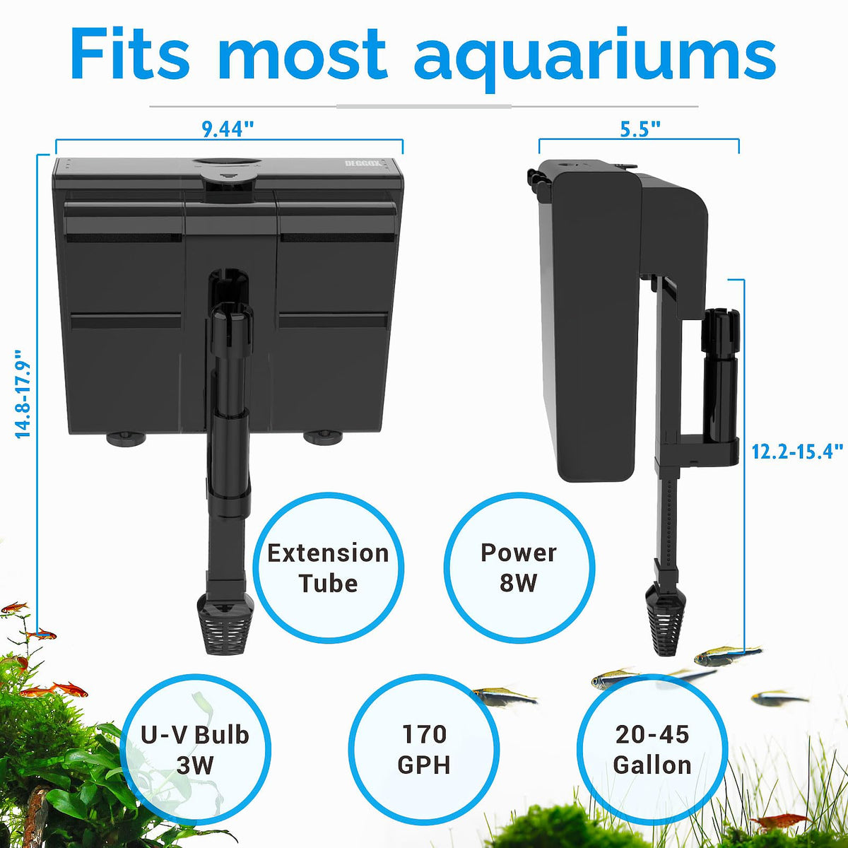 HOB Aquarium Filter 170GPH for 20 55 Gallon Fish Tank - DEGGOX Official Imagery - 3