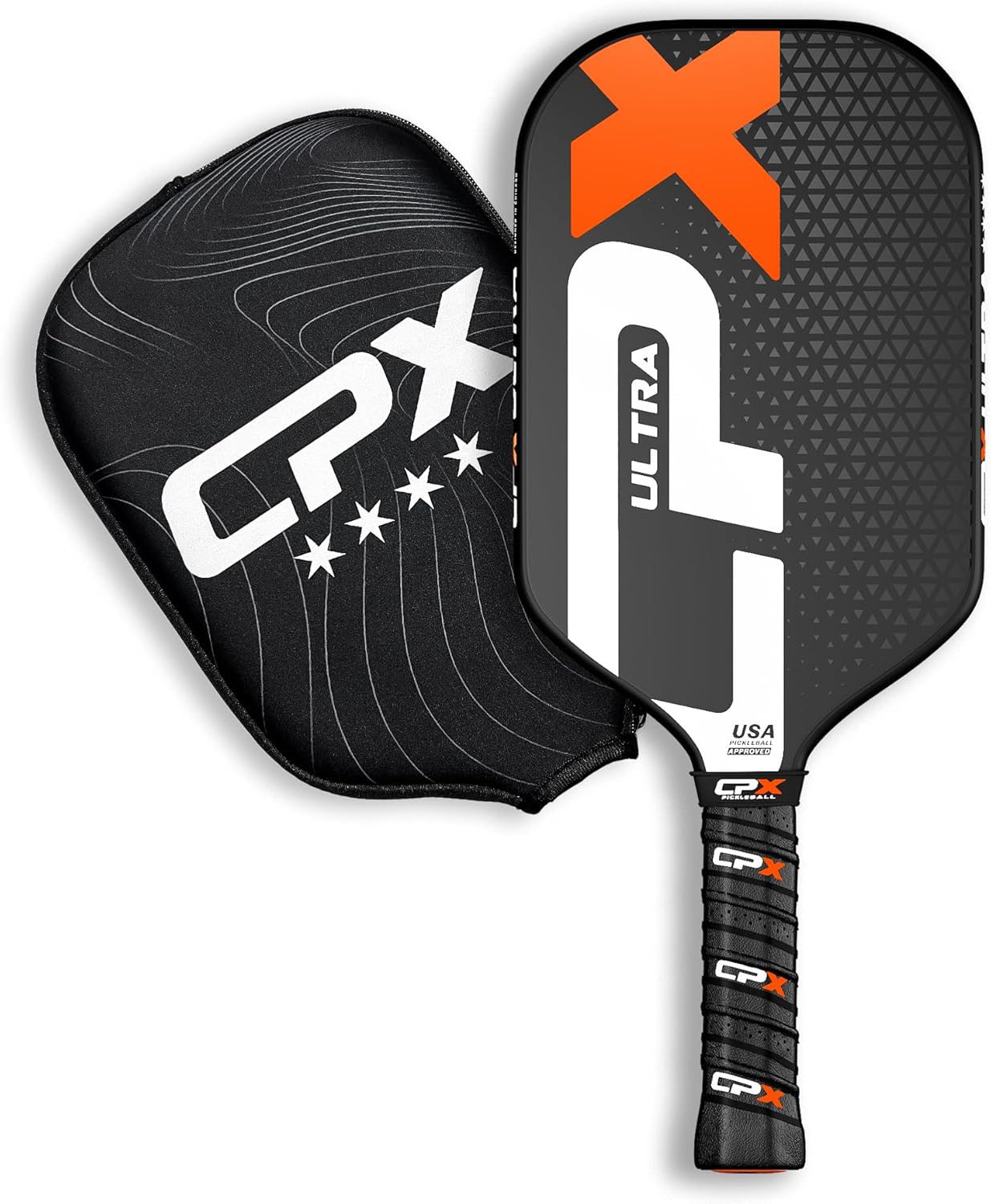 CPX Ultra Series Fiber-Reinforced Friction Surface Pickleball Paddle with black and yellow design, ergonomic handle and textured surface