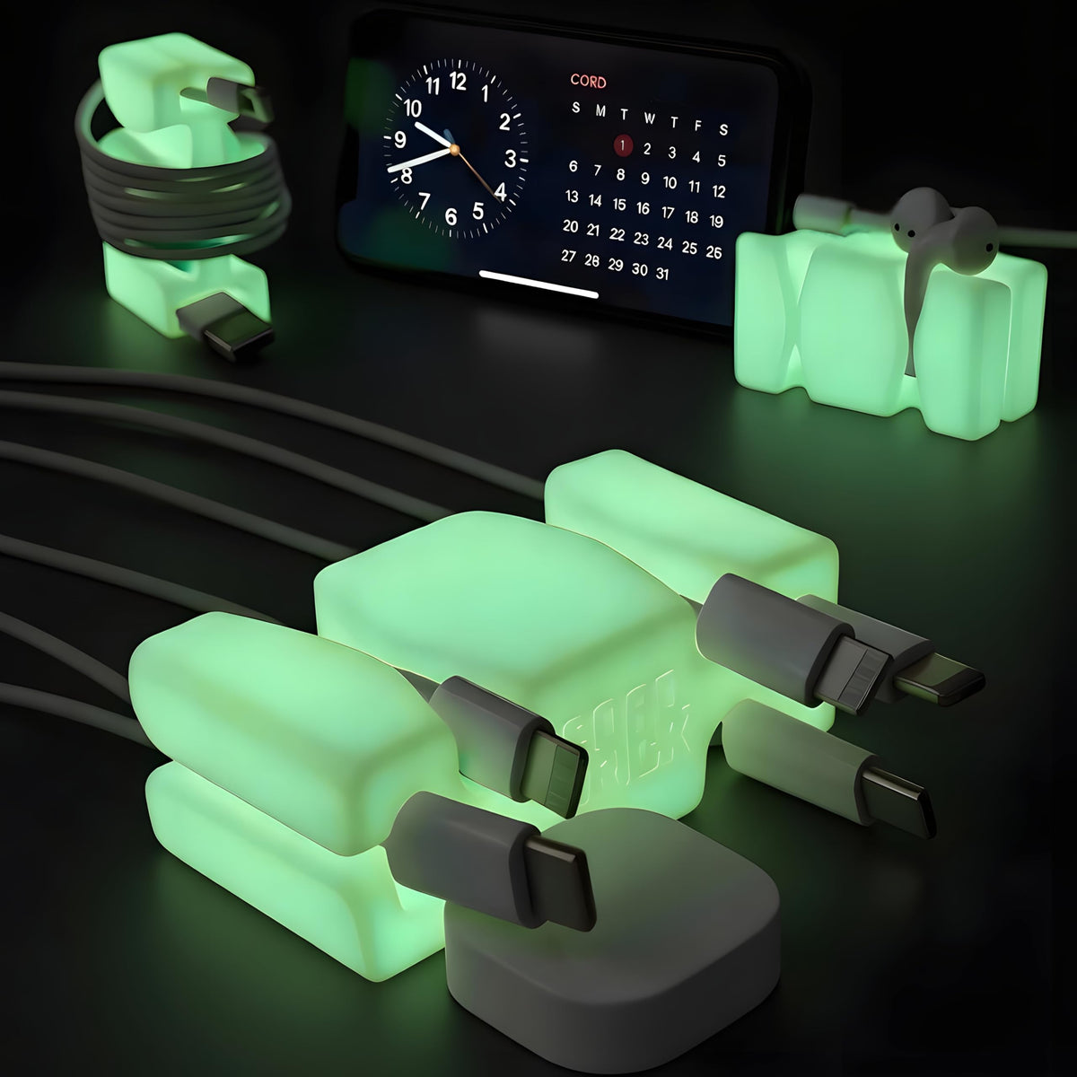 Glowing Silicone Steel Weighted Cable Holder for Nighstand - CordBrick Official Imagery - 1