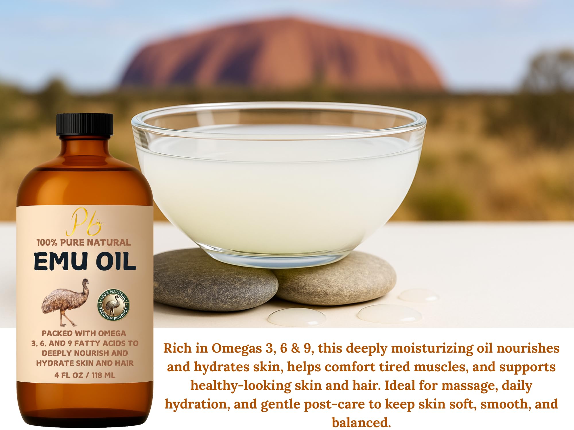 Pomberries Emu Oil, 100% Pure Australian Emu Oil for Skin, 4 fl oz