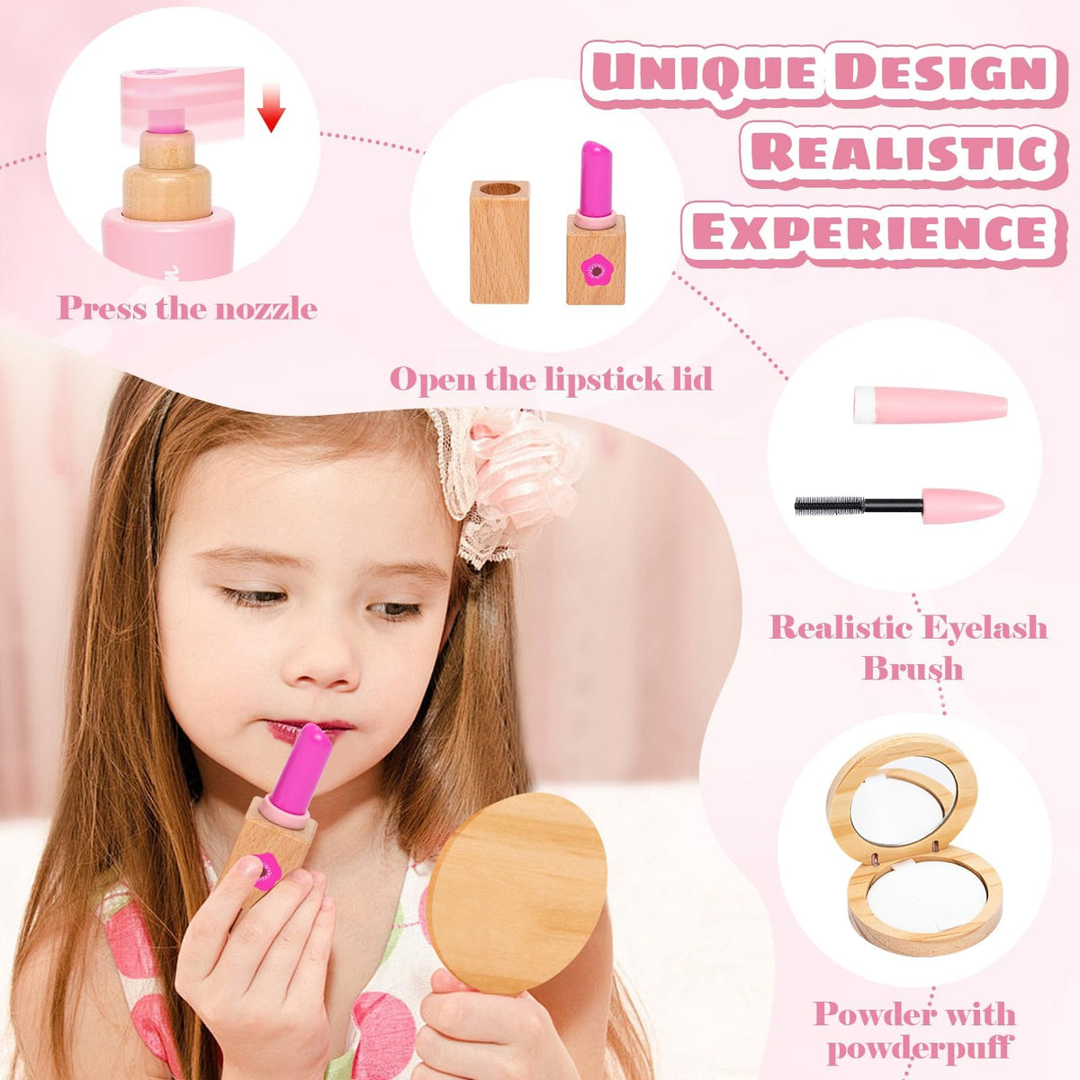 Wooden Makeup Toy Set for Girls Pretend Play Makeup Kit for - JugueteLand Official Imagery - 6