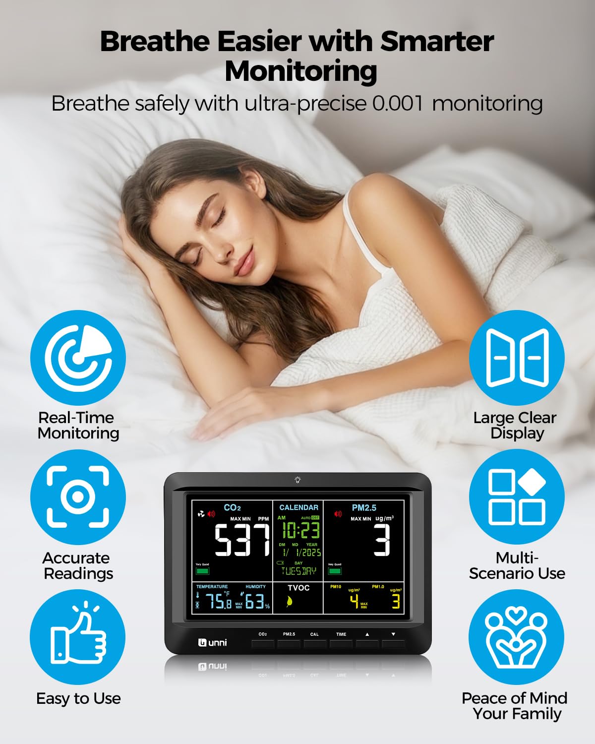 U UNNI Air Quality Monitor 7.5" CO2 PM2.5 TVOC Indoor