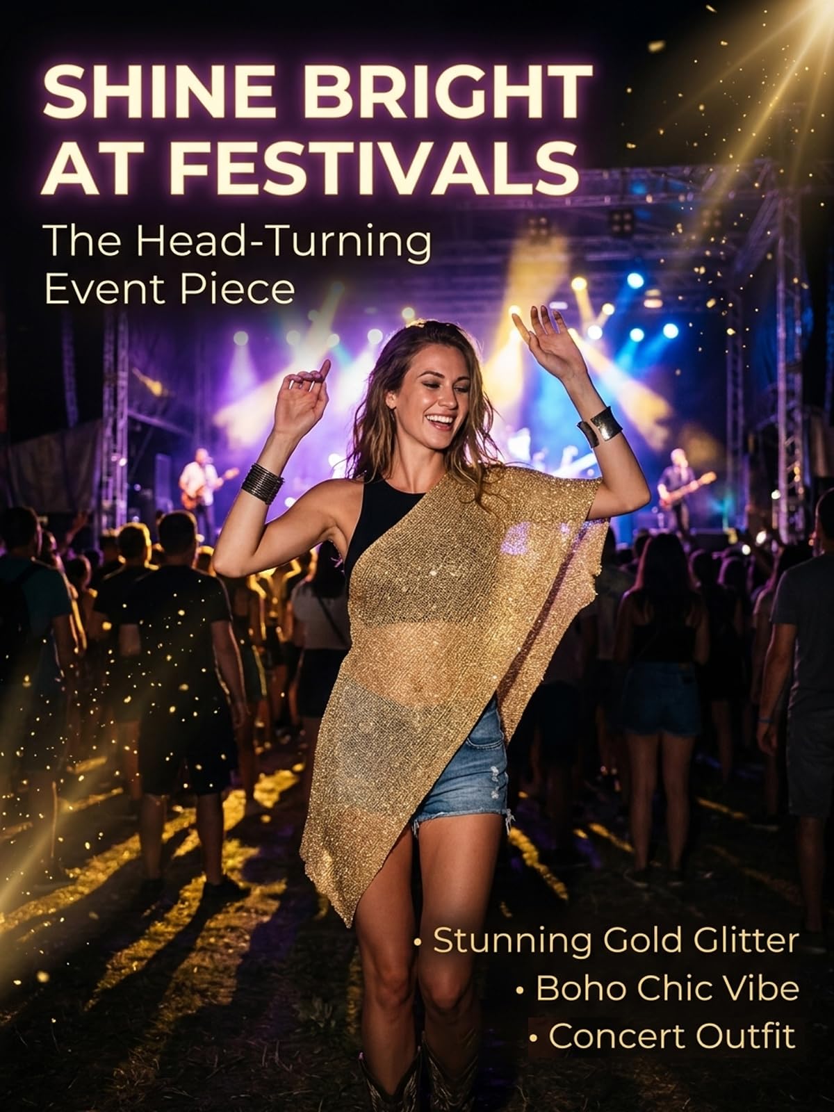 Women Sheer Poncho Top with Sparkling Gold Thread Mesh Cover - Kysryye Official Imagery - 4