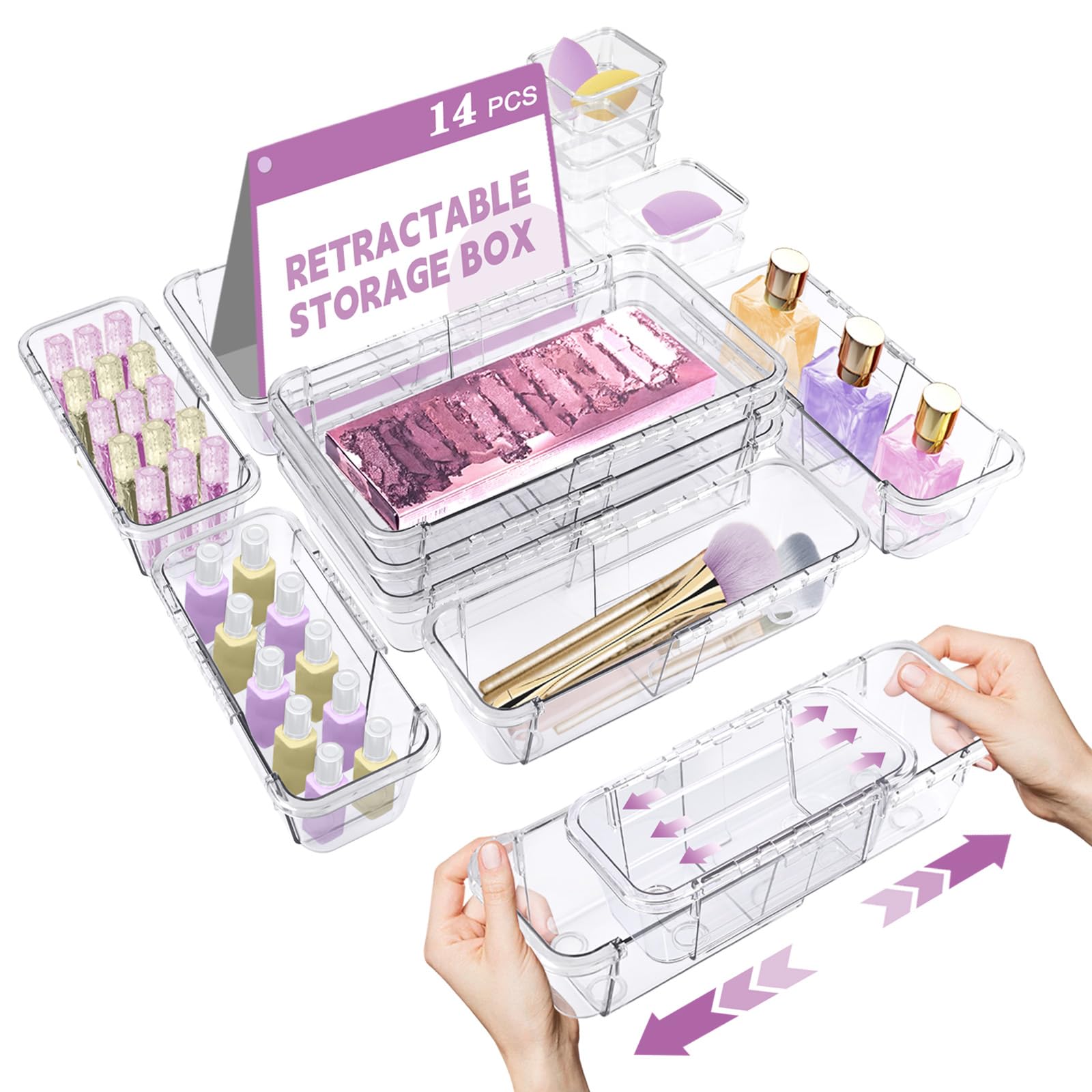 14 Pcs Adjustable Drawer Organizer, Clear Drawer Organizer - Product Imagery