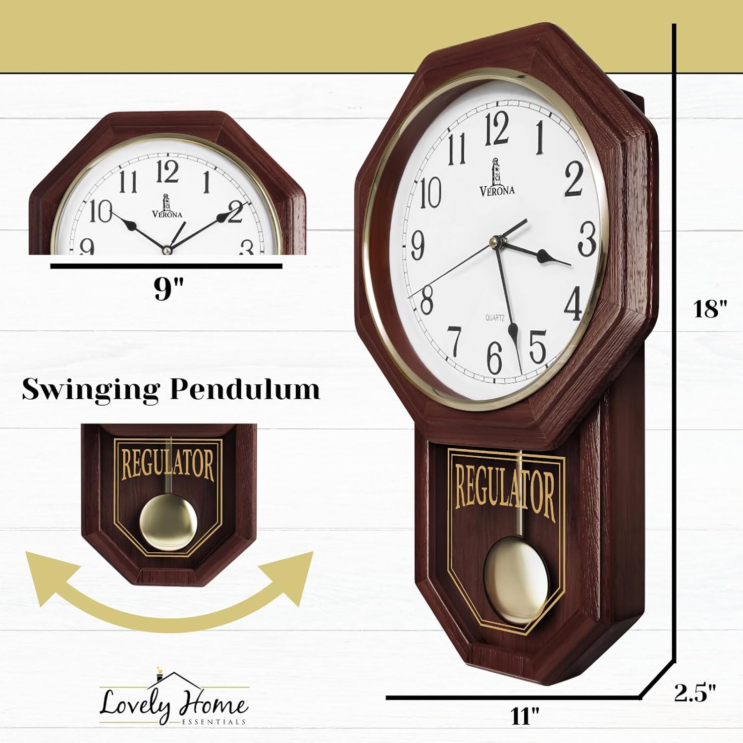 Lovely Home Essentials pendulum wall clock with real wood finish, schoolhouse design, and quiet, non-ticking movement.