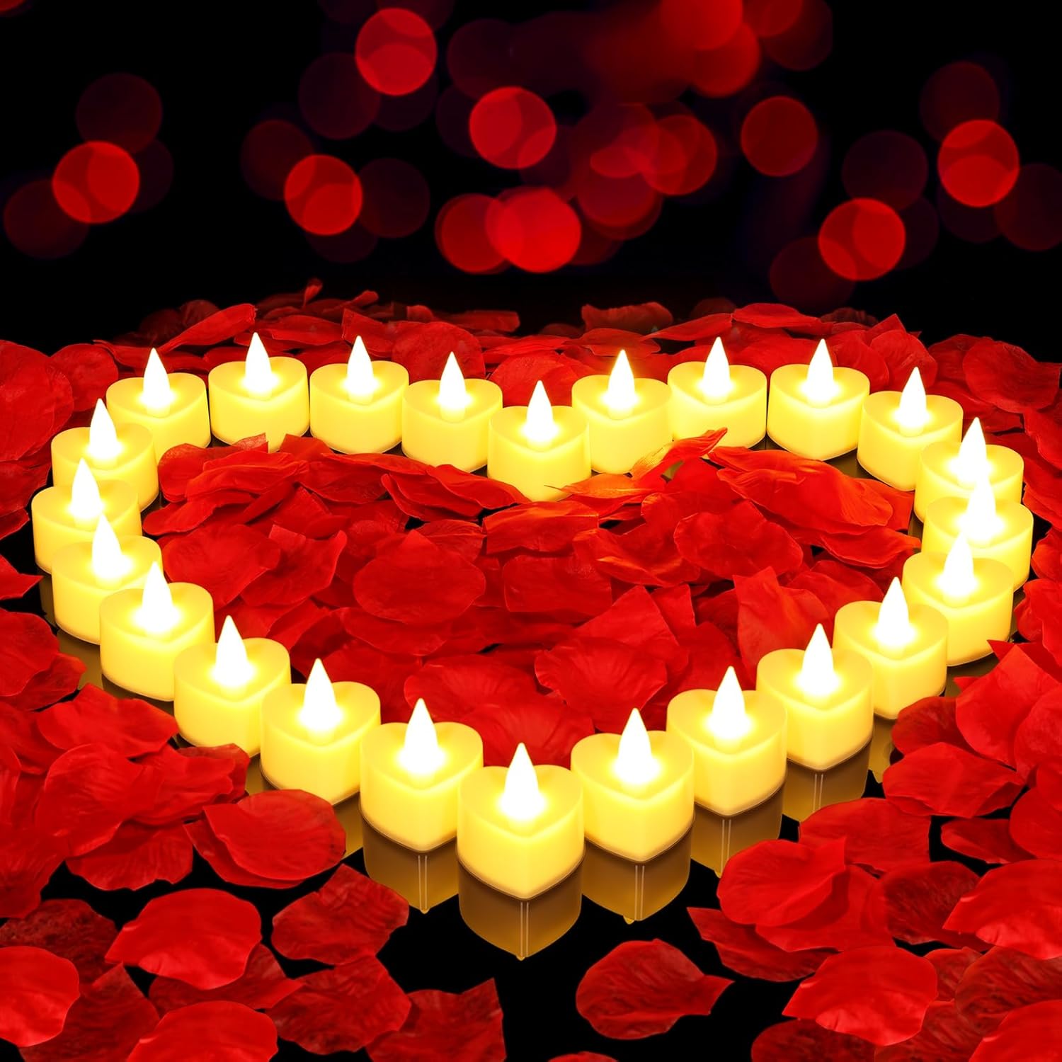 Set of 6000 artificial rose petals and 72 flameless candles from gobutend, perfect for romantic decor or events.