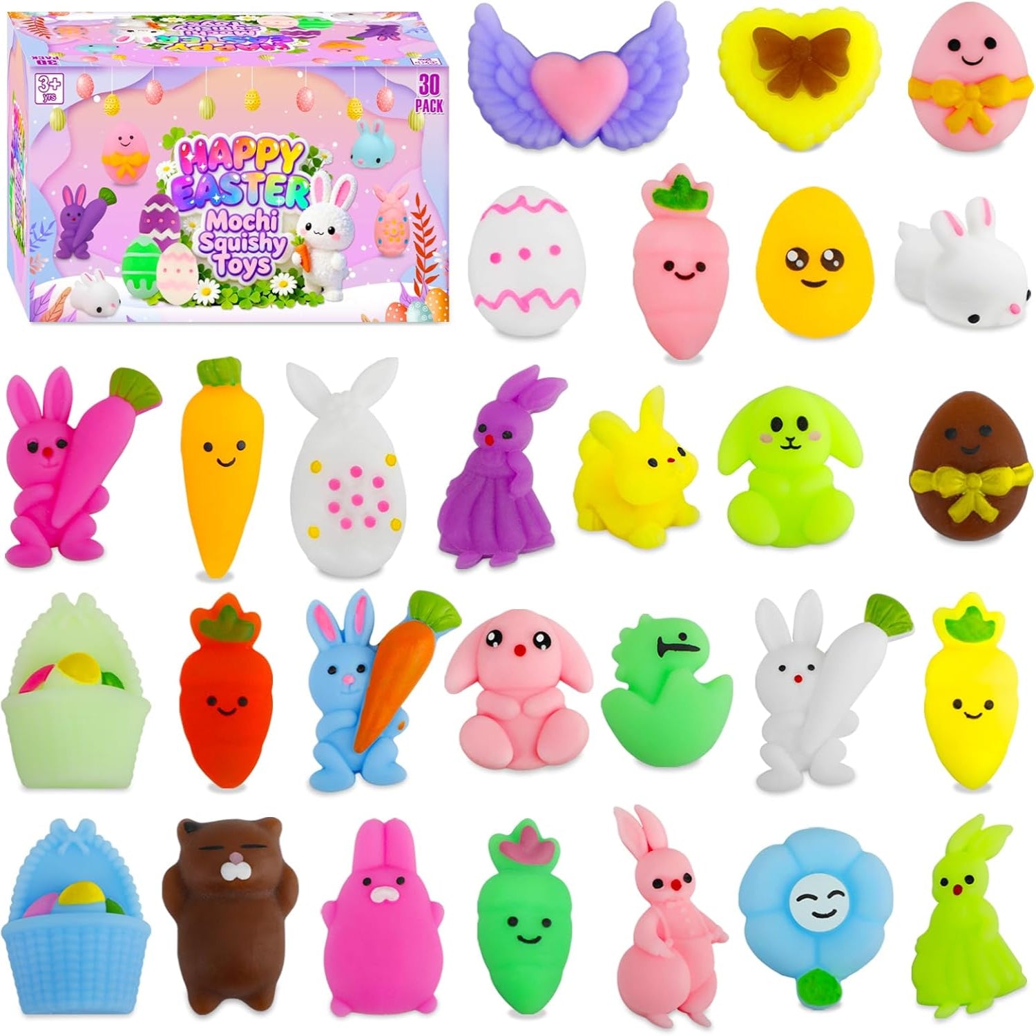 Colorful Mantyplay 30-pack squishy toys set featuring cute kawaii designs, ideal party favors for kids ages 4 to 12.