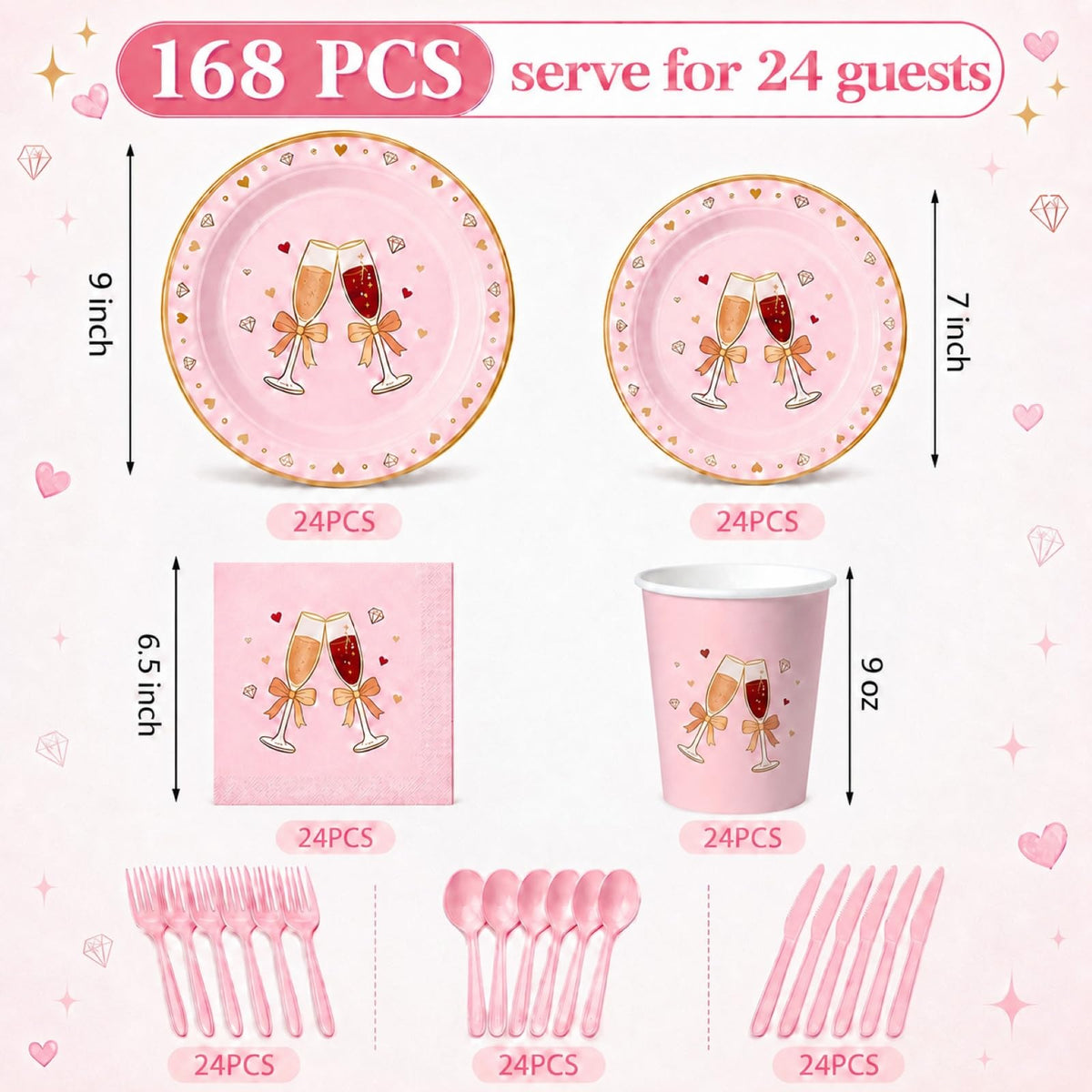 168 Pcs Pink Bow Champagne Heart Tableware Set Serves 24 - LEONGSII Official Imagery - 4