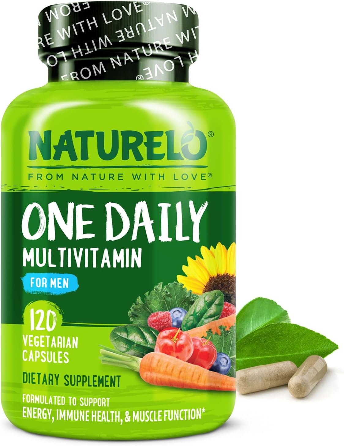 NATURELO Men's Multivitamins bottle showing label with daily multivitamin tablets for men's health and wellness.