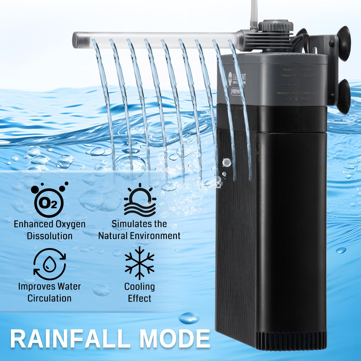 XpertMatic Aquarium Filter 220GPH Submersible Powerful Pump - SainSmart Official Imagery - 3