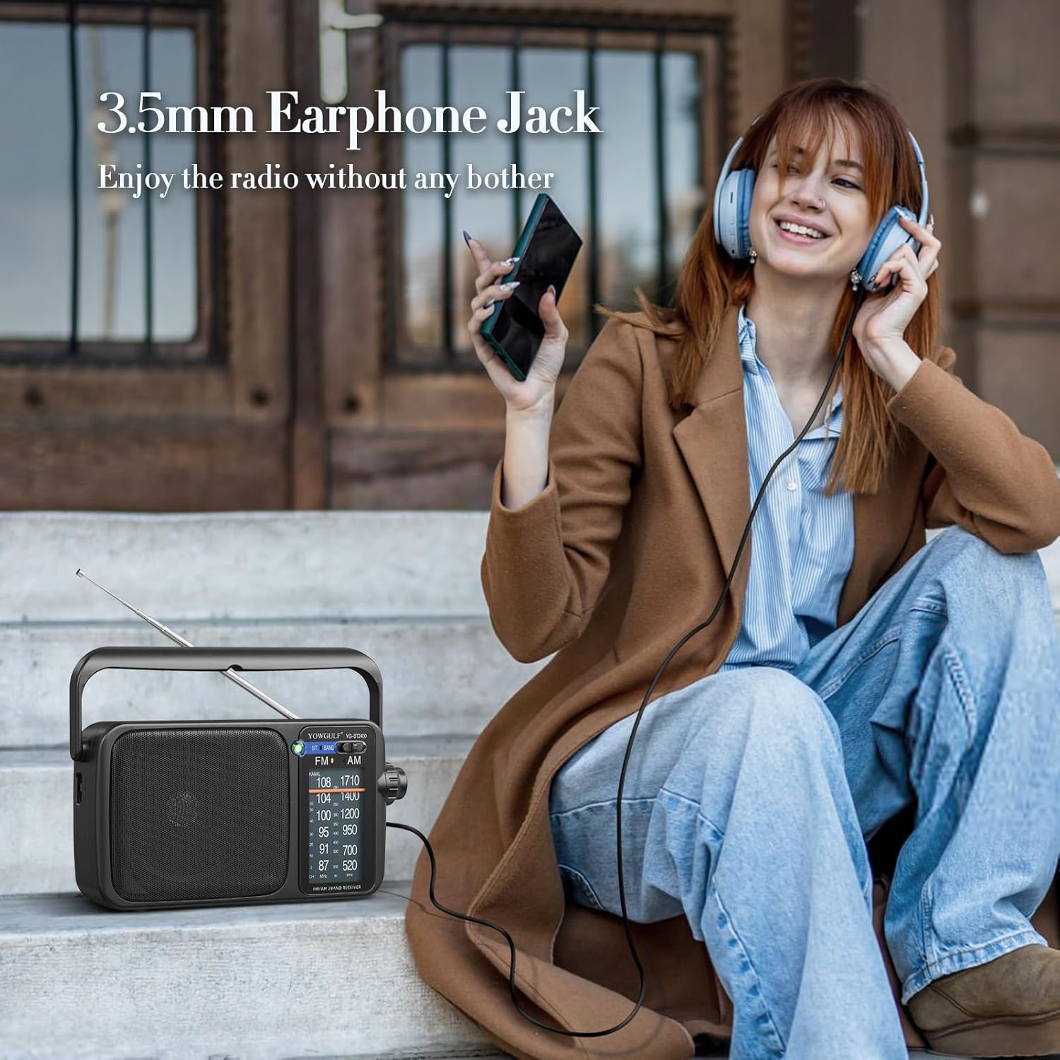 YOWGULF portable AM FM radio with Bluetooth, transistor design, and battery, showing front view with tuning dial and speaker grille.