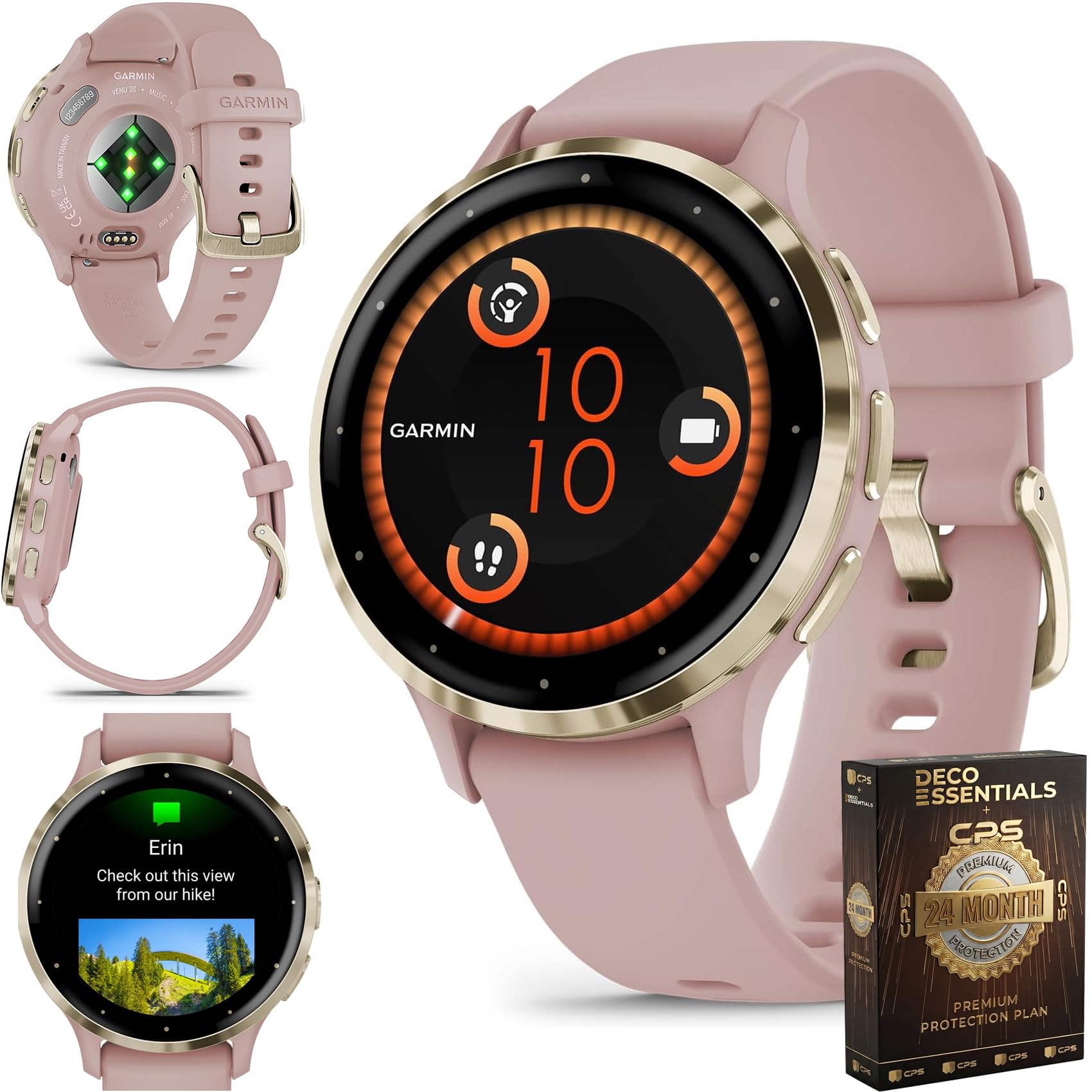 Garmin Venu 3S (Refurbished) Soft Gold Stainless Steel Bezel 1.2-Inch AMOLED Smartwatch with 41mm Rose Case w/Band (Renewed), 010-N2785-03 - Bundle w/Deco Essentials 2-Year CPS Plan