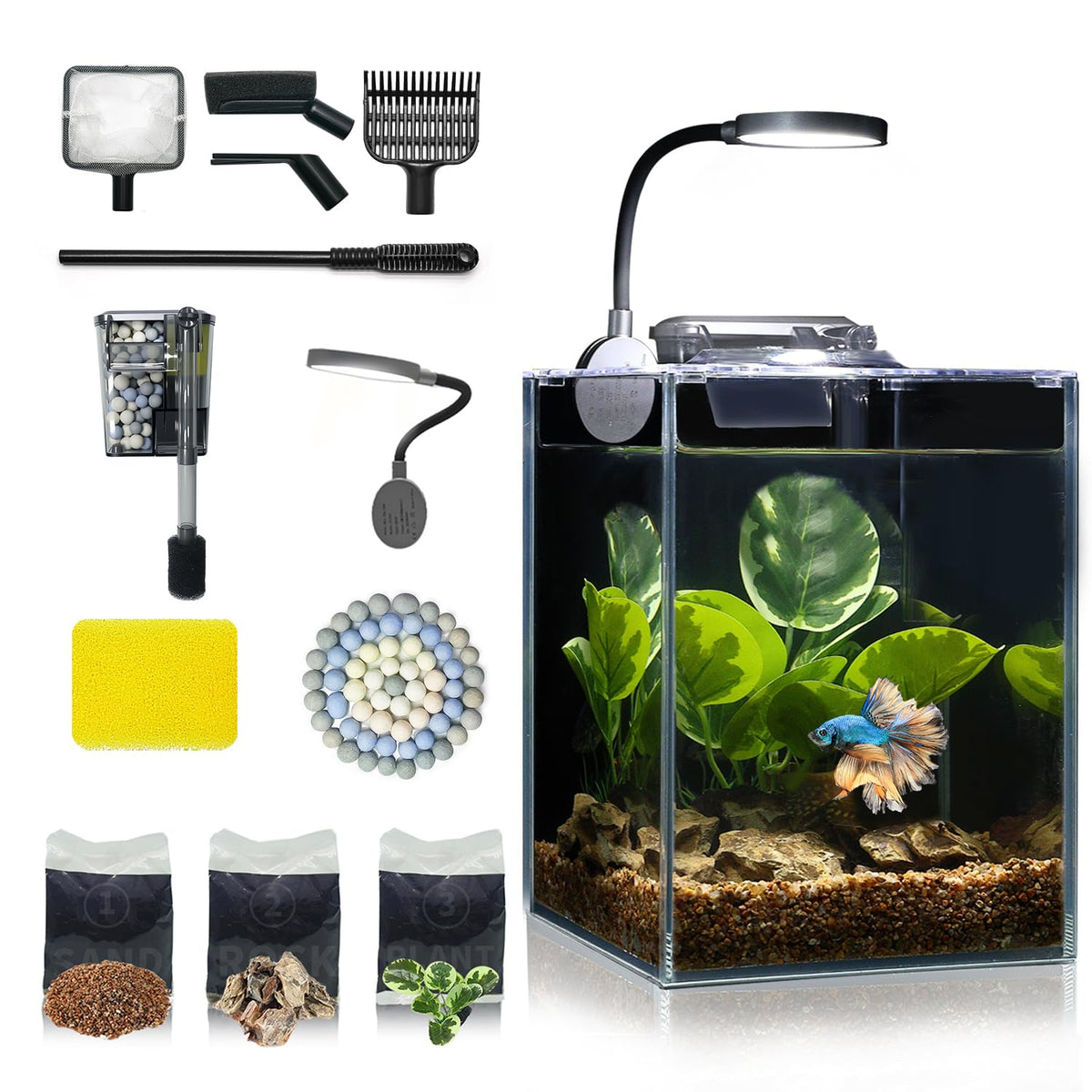 Desktop Small Aquarium Set Glass Fish Tank 1 25 Gallon with - Wonderfactory Official Imagery - 1