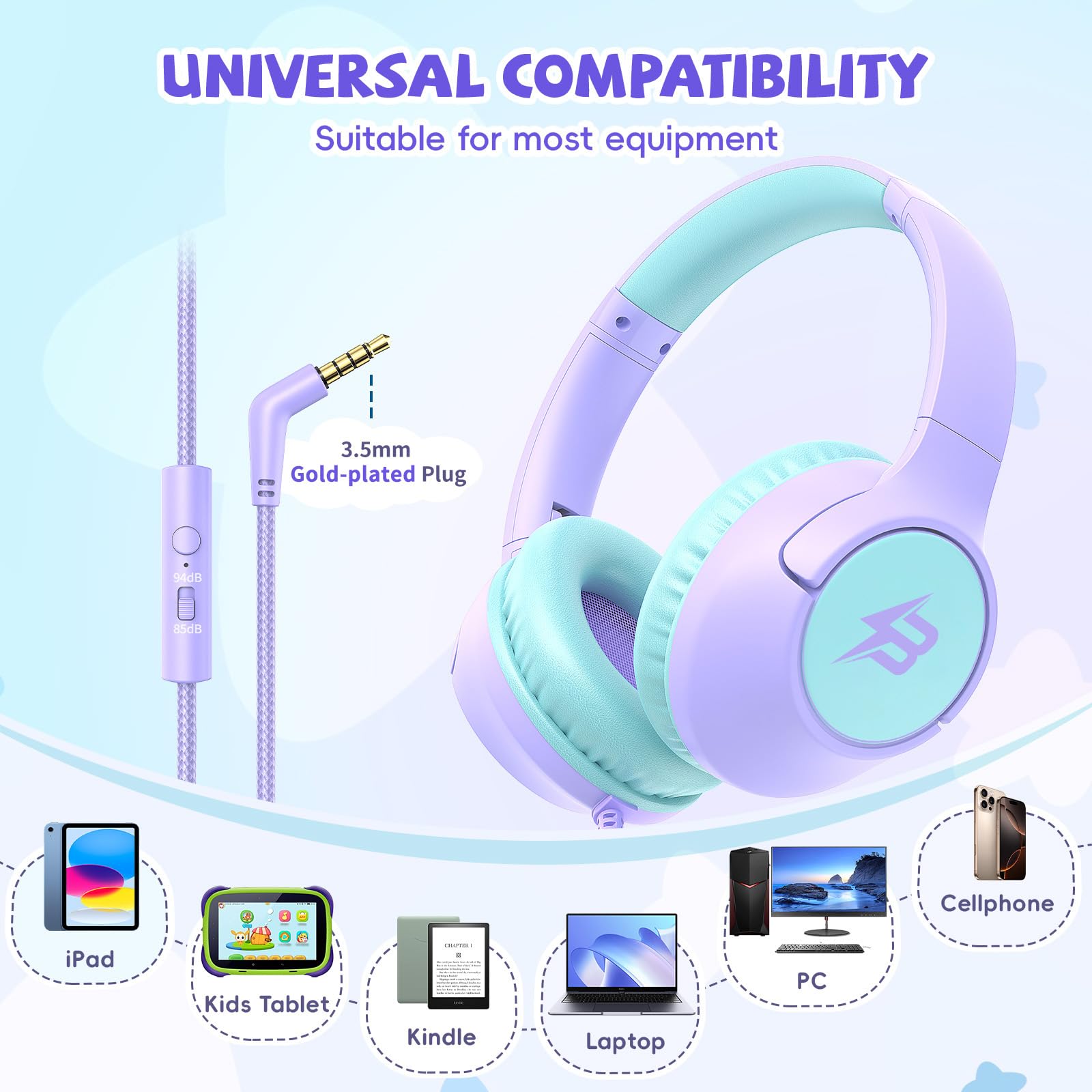 Purple wired kids headphones from Botesty Sound with 3.5mm jack, safe volume limit, built-in microphone, designed for school use.