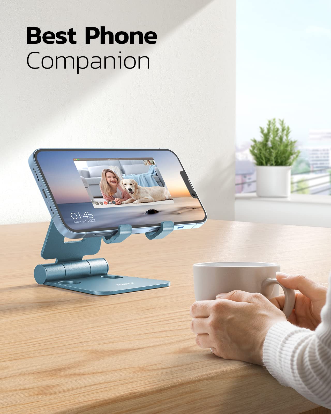 Nulaxy full aluminum dual folding cell phone stand in blue, portable desk accessory for hands-free viewing.