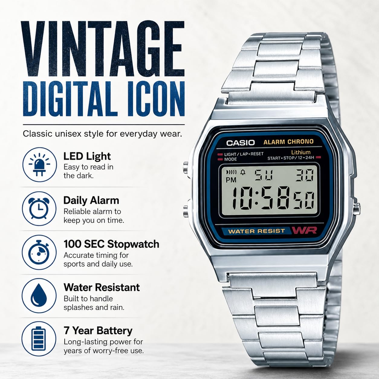 Casio A158WA Unisex Digital Watch | Silver/Black