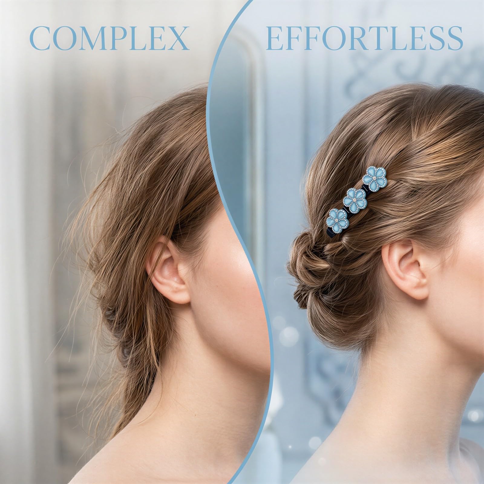 Three braided hair clips with crystal flower accents, sparkling rhinestones, and blue and black colors for women’s hair styling.