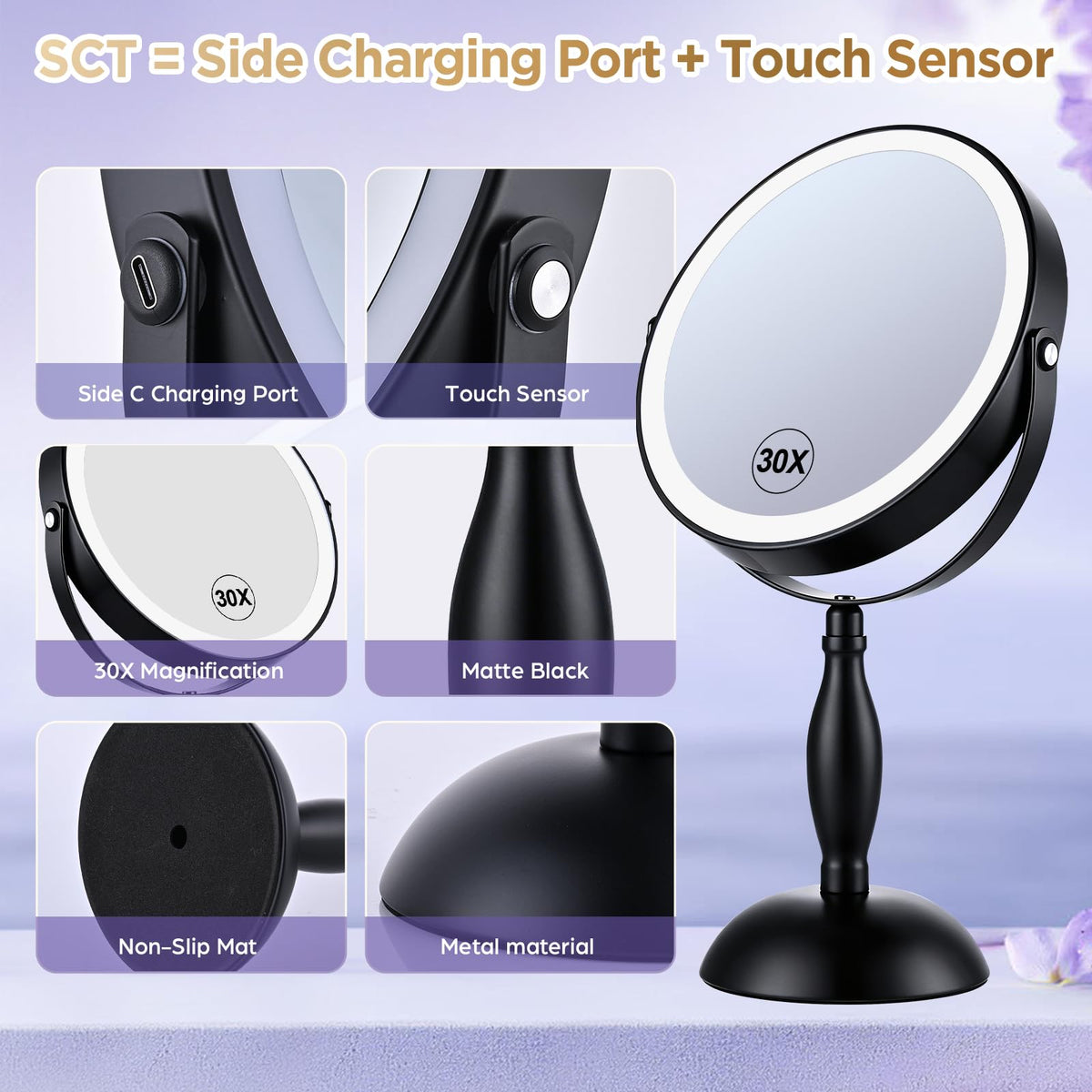 30X Magnifying Mirror with Lights Matte Black 8 Dual Sided - DASLAVA Official Imagery - 5