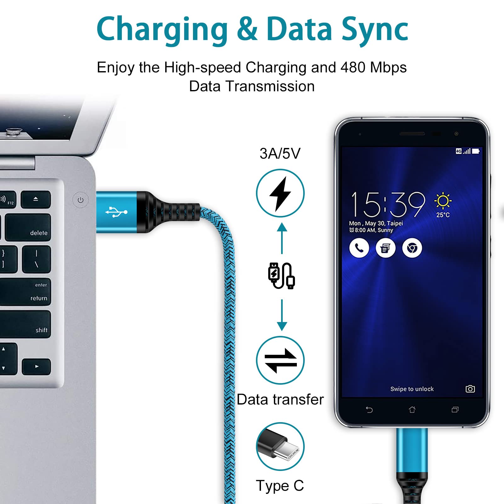 ABCPOW 2-Pack 6ft USB-C Fast Charging Cable Nylon Braided