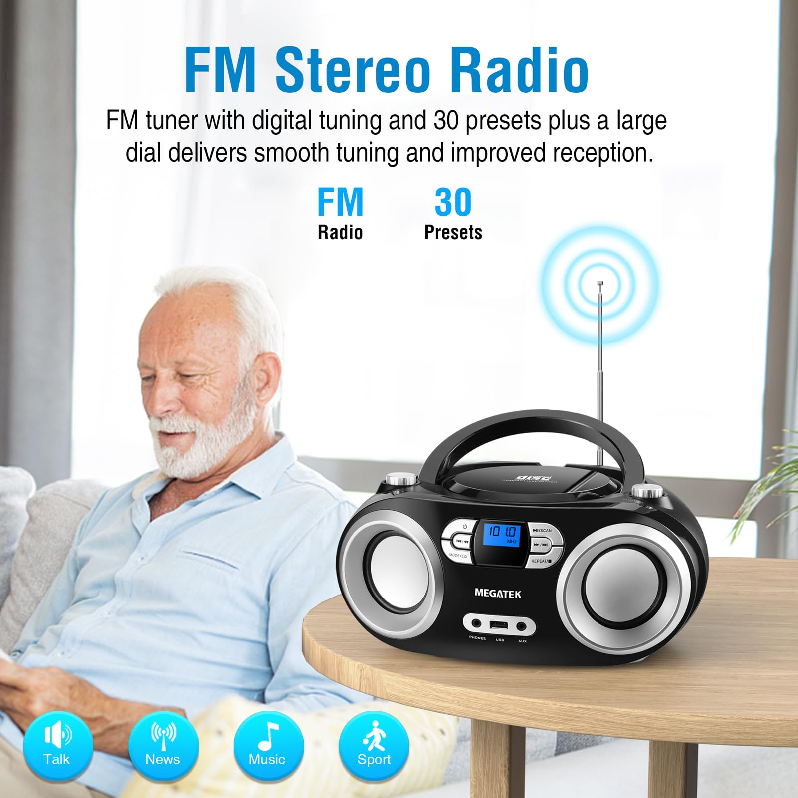 MEGATEK Portable CD Player Boombox Bluetooth FM Radio