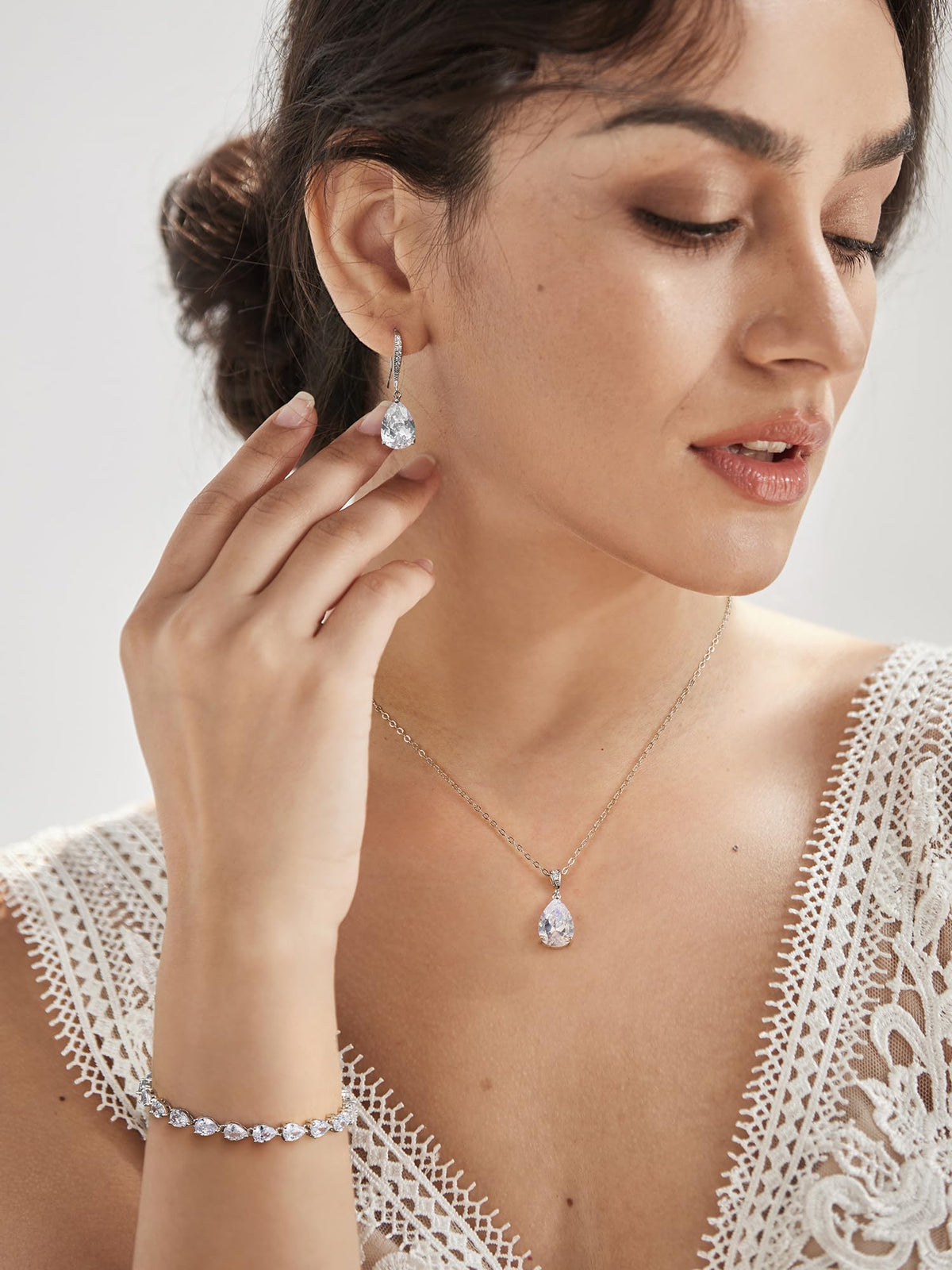 SWEETV Bridal Wedding Jewelry Set for Brides Teardrop - SWEETV Official Imagery - 3