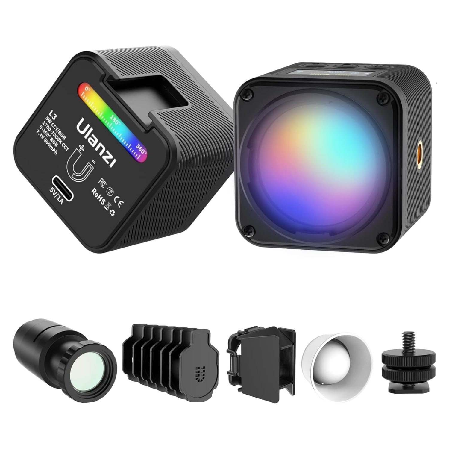 ULANZI L3 RGB LED video light with magnetic camera lighting kit, adjustable color temperature from 2700K to 7000K.