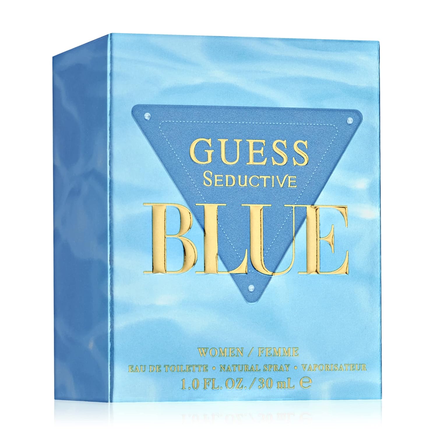 Guess Seductive Blue women’s Eau de Toilette perfume spray, 1 oz, featuring a sleek blue bottle and feminine fragrance design.